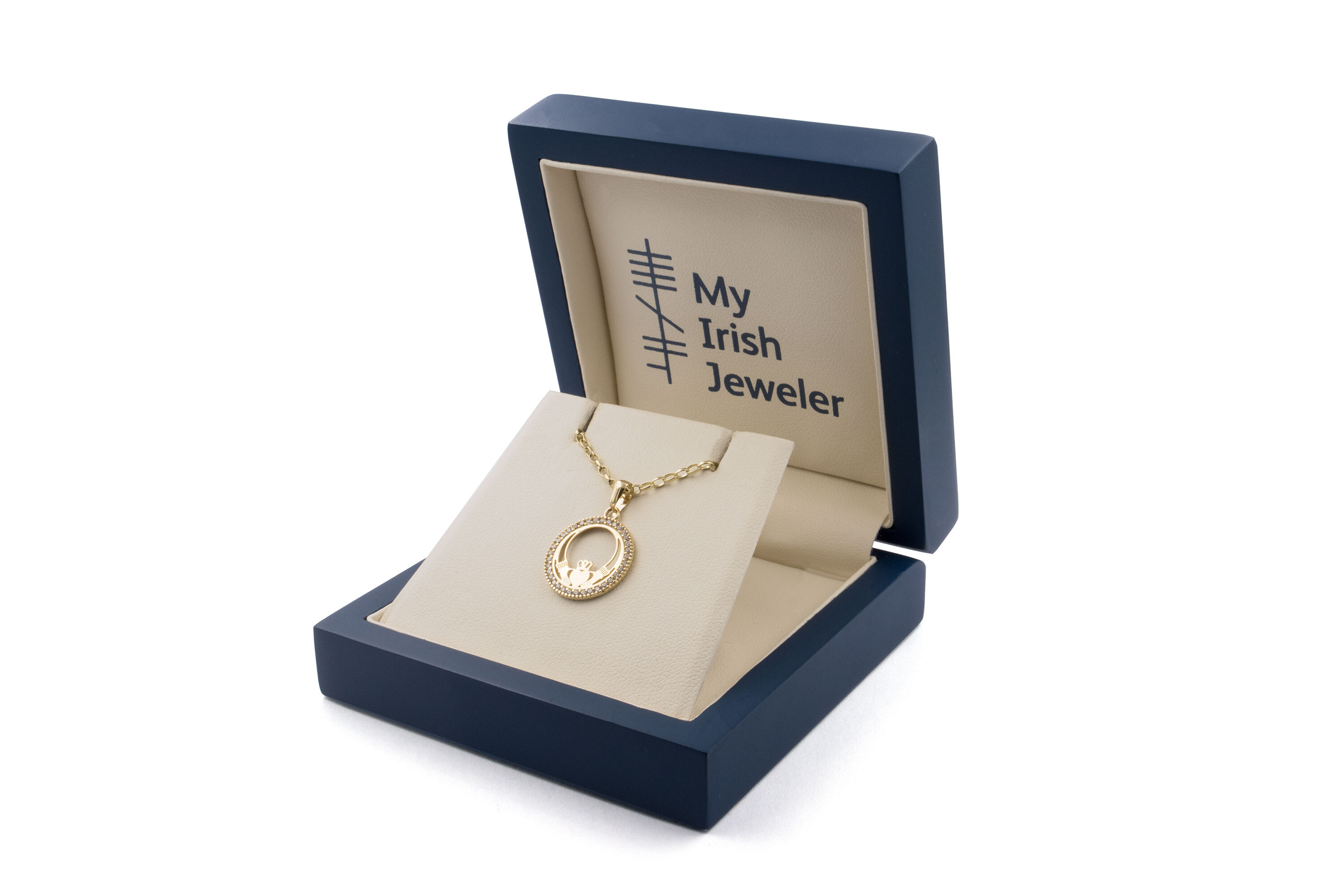 Womens Irish Yellow Gold Claddagh Necklace. In Luxury Packaging.