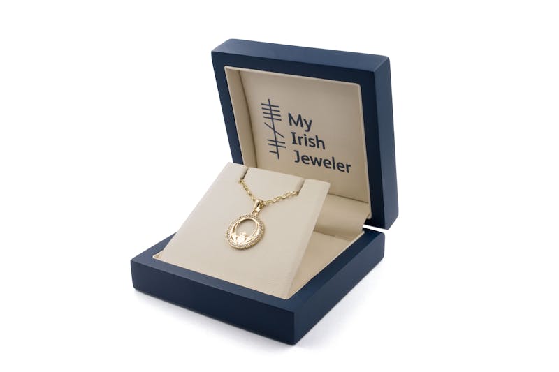 Womens Irish Yellow Gold Claddagh Necklace. In Luxury Packaging.