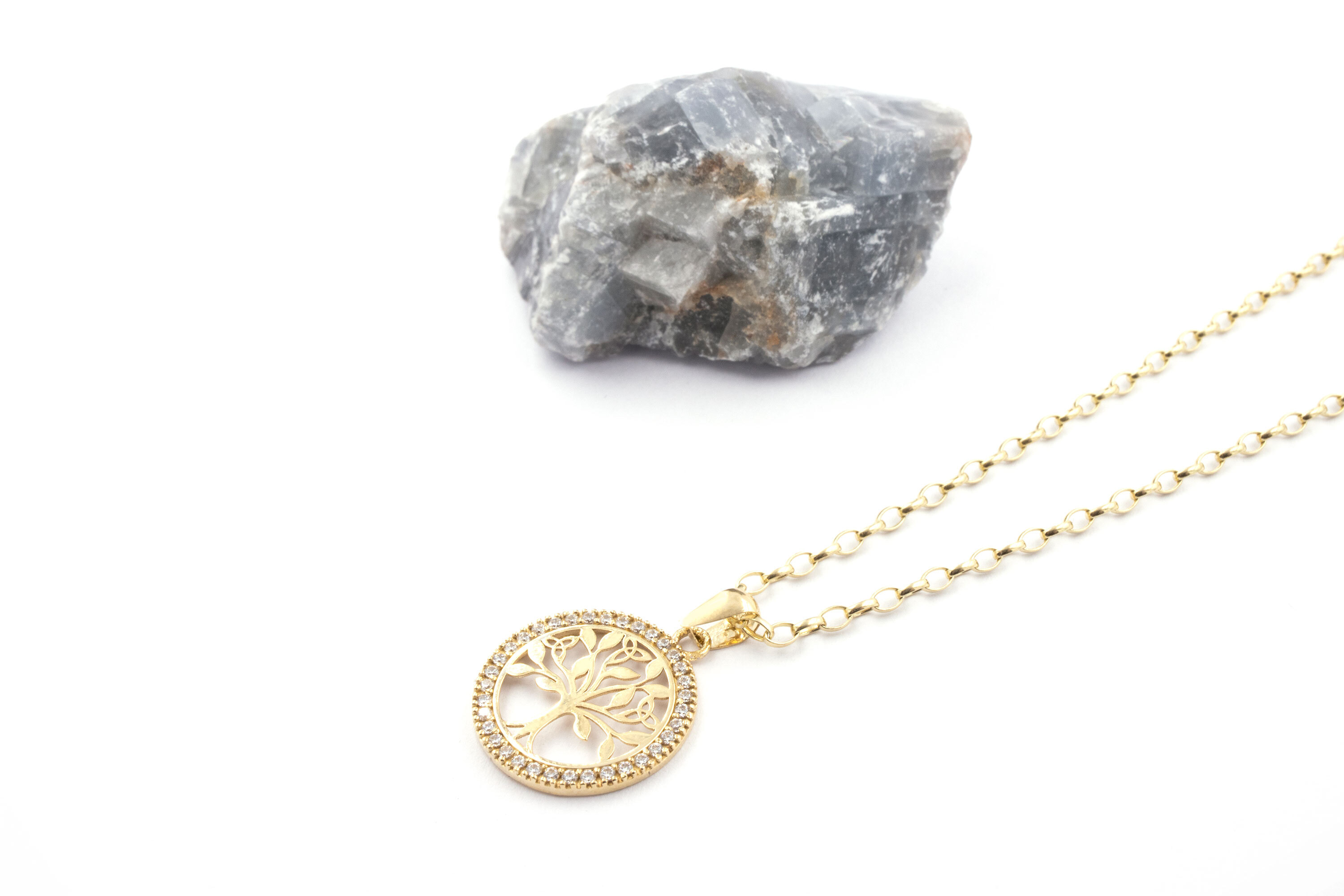 Authentic 10K Yellow Gold Tree of Life Necklace For Women. Pictured Flat.