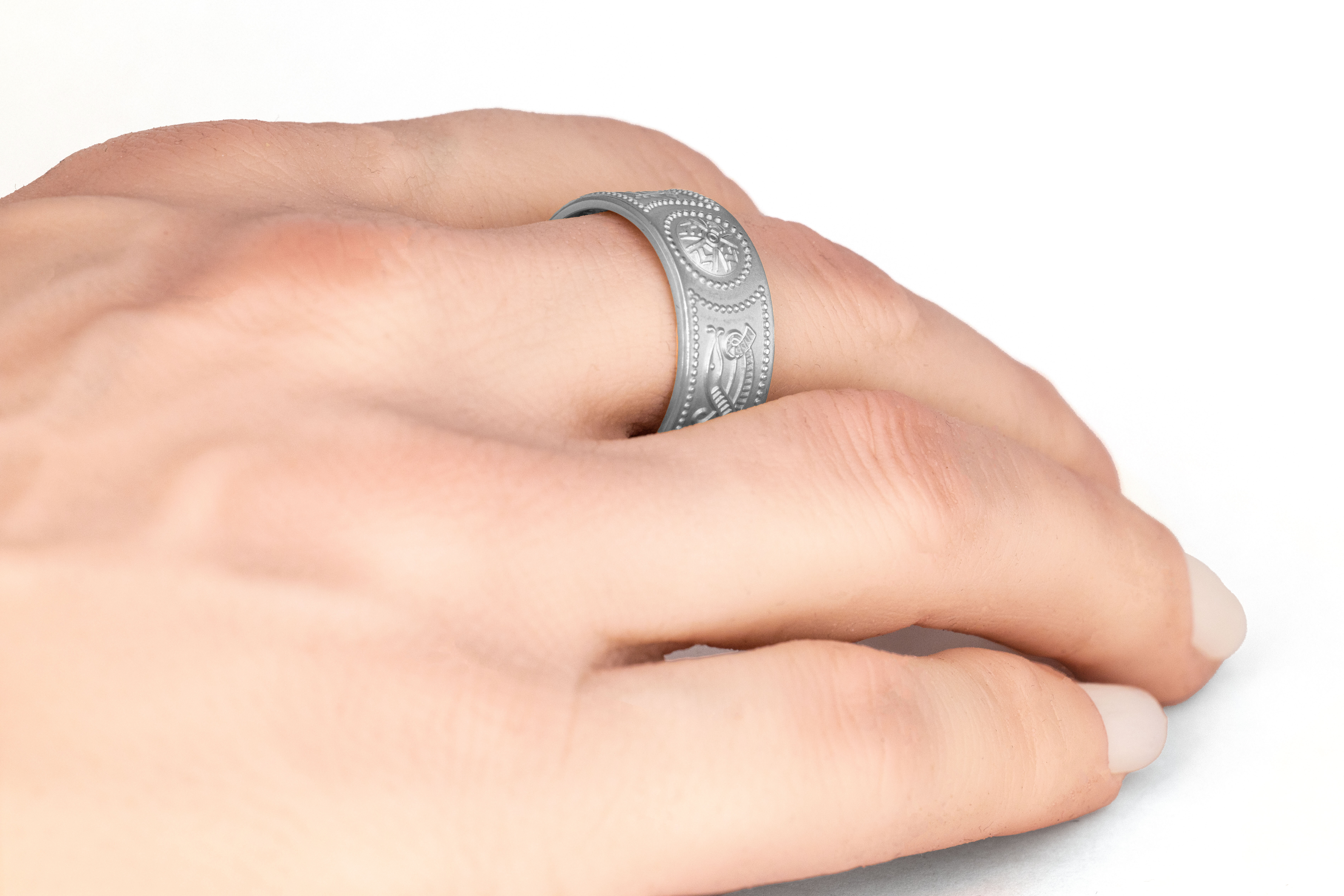 Irish White Gold Celtic Warrior & Celtic Knot 3.0mm Ring With a Florentine Finish For Men - Model Photo