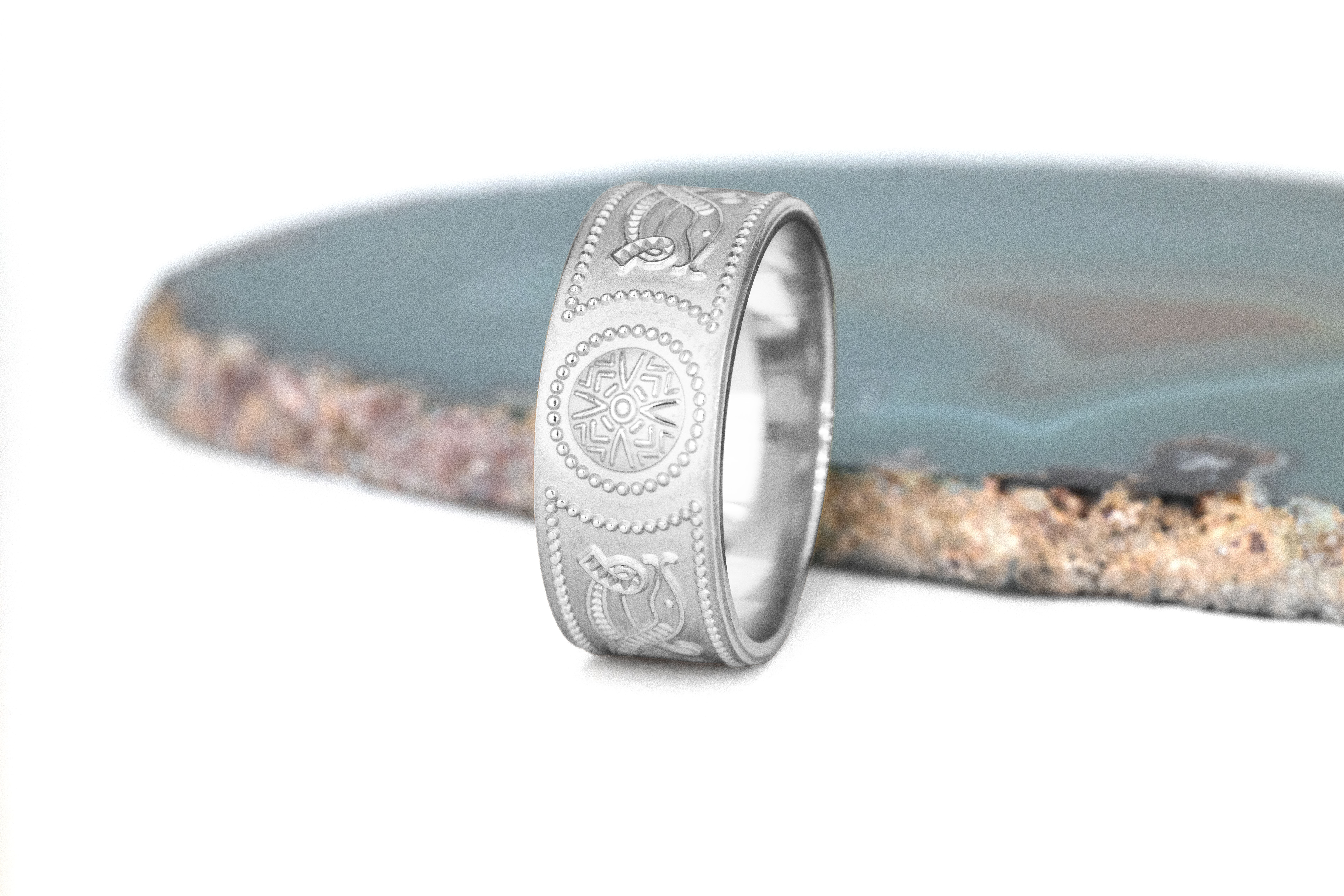 Attractive White Gold Celtic Warrior & Celtic Knot 4.5mm Ring For Men With a Florentine Finish. Side View.