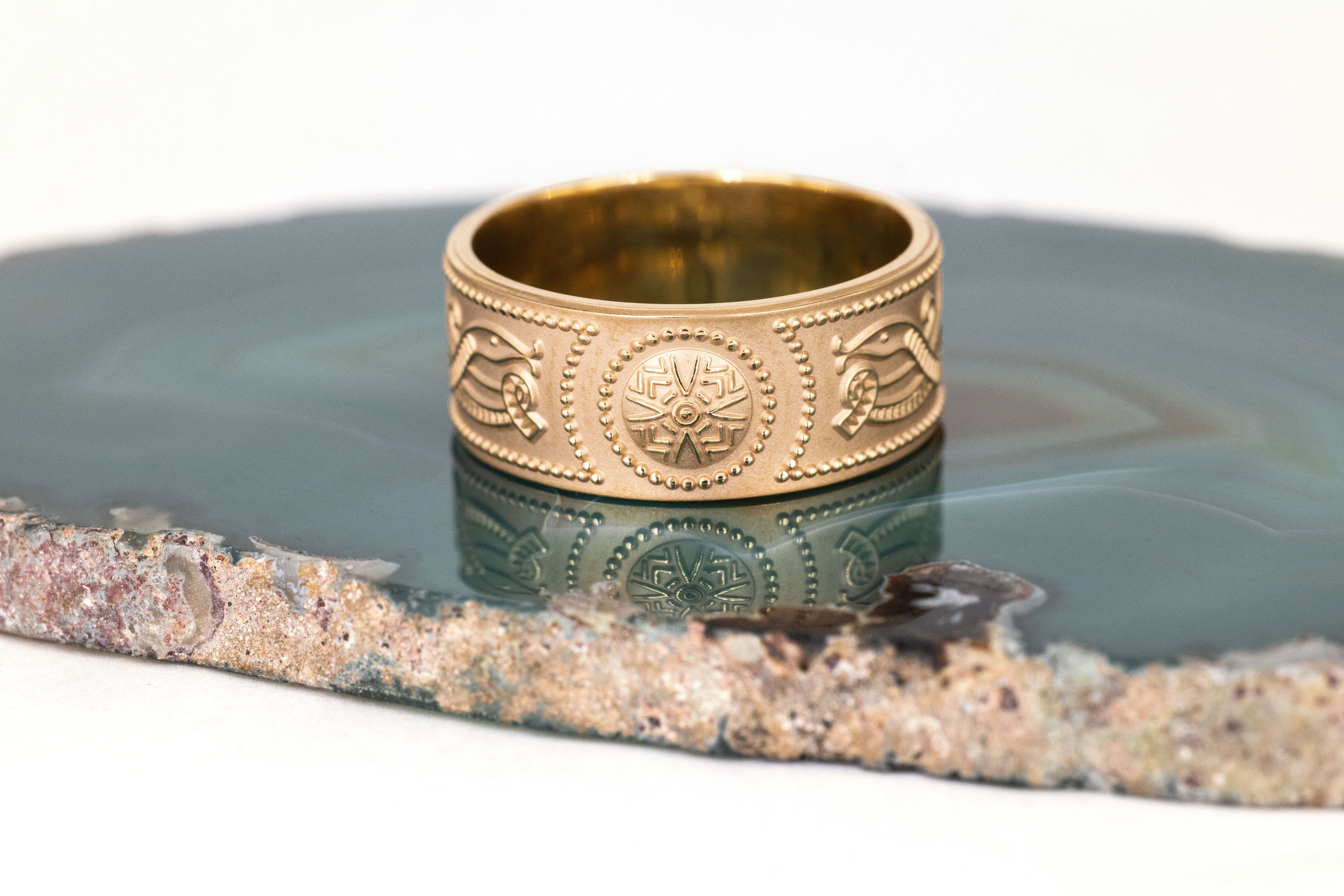 Luxurious 14K Yellow Gold Celtic Warrior & Celtic Knot 9.0mm Ring For Men With a Florentine Finish