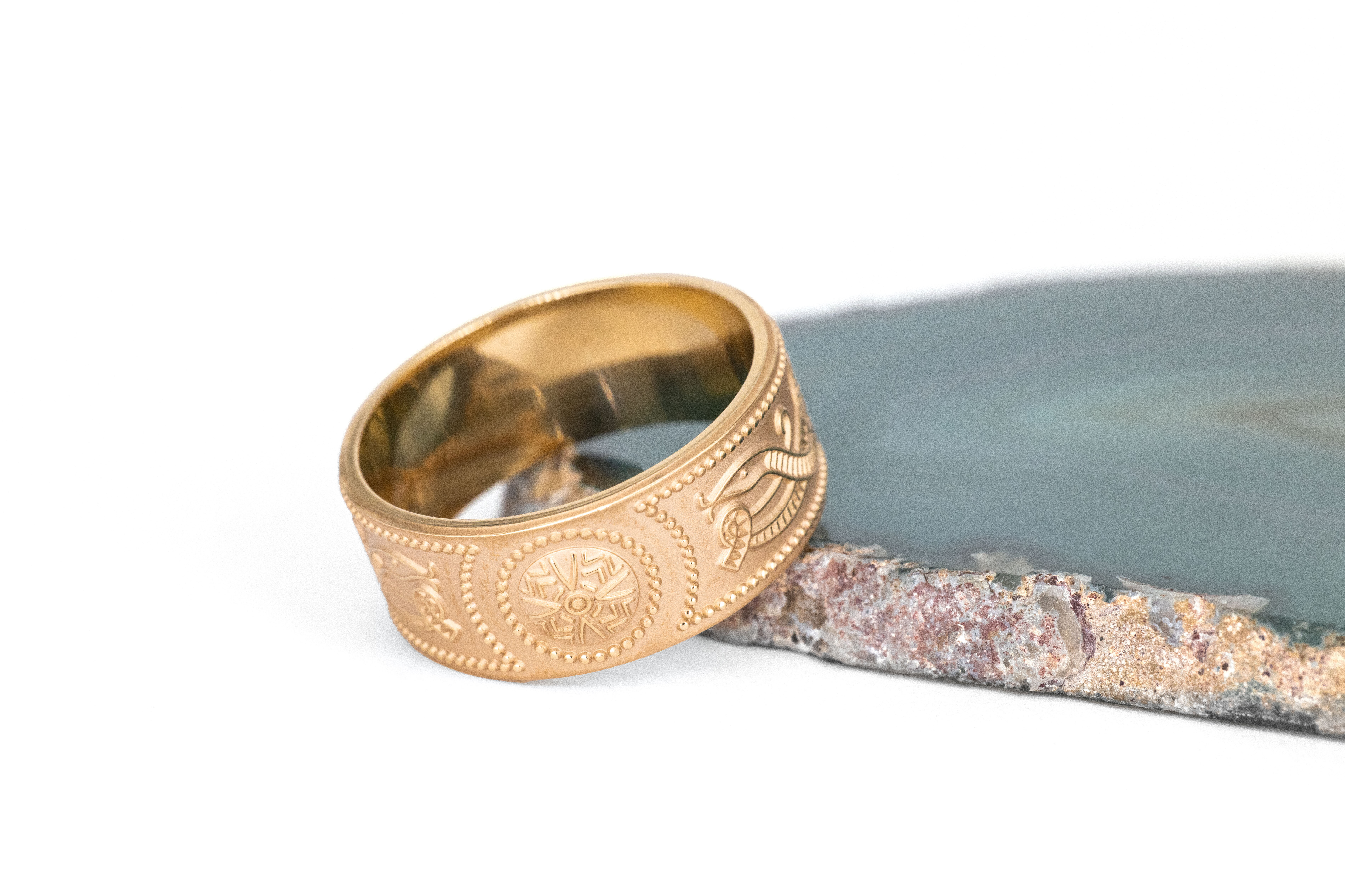 Real Yellow Gold Celtic Warrior Ring With a Florentine Finish For Men