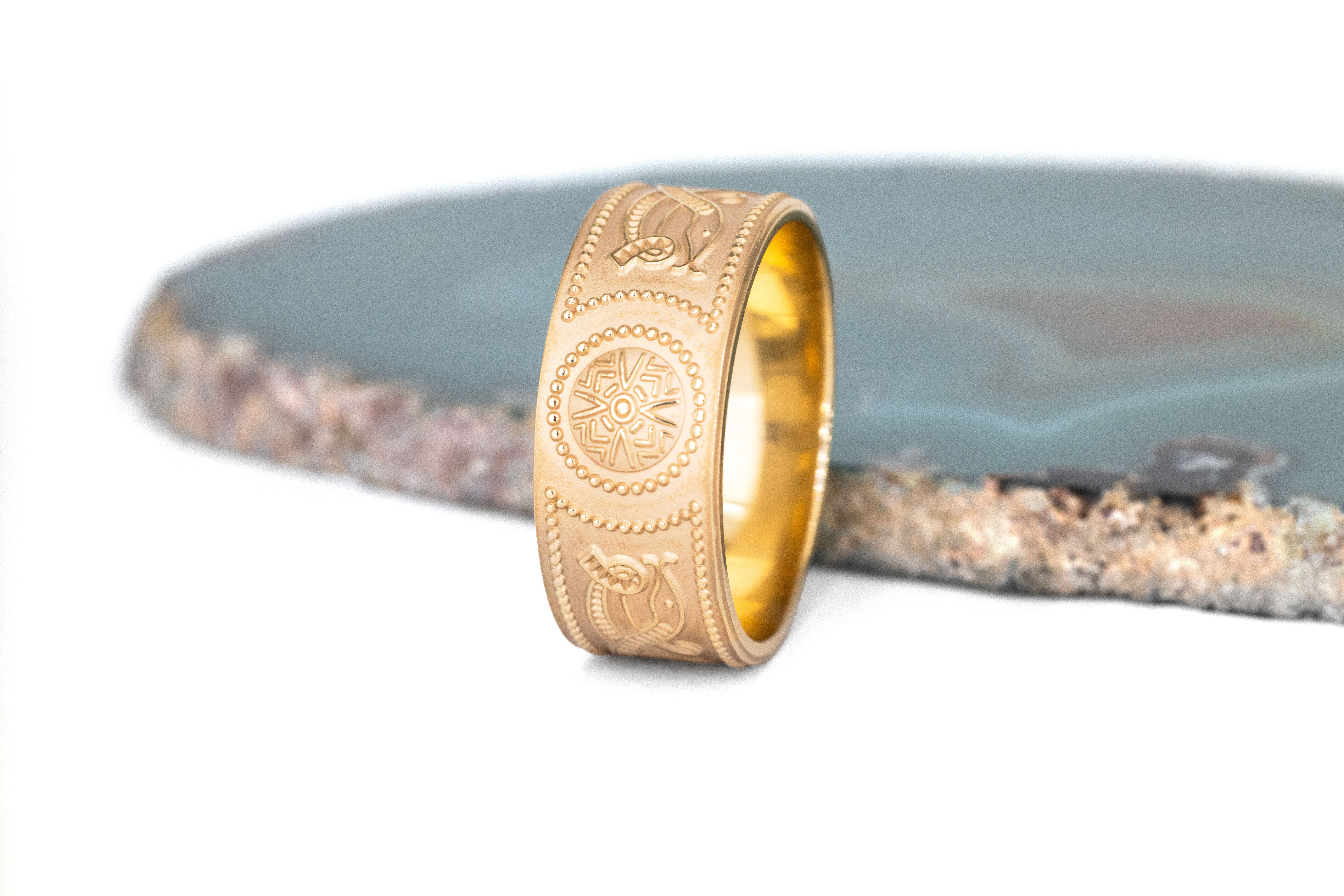 Authentic Yellow Gold Celtic Warrior & Celtic Knot 4.5mm Ring With a Florentine Finish For Men. Side View.