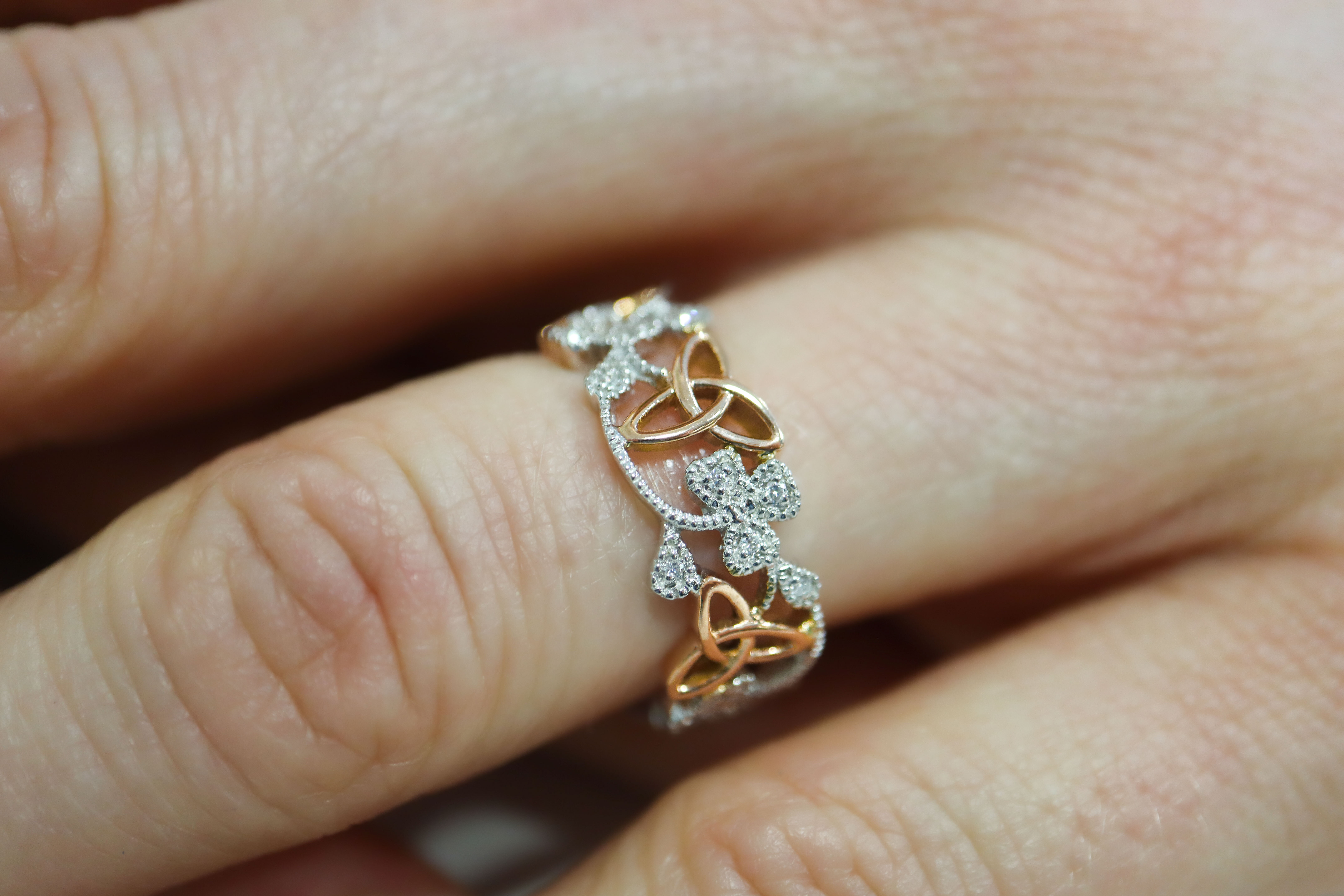 Genuine White Gold & Rose Gold Shamrock Ring With a Polished Finish For Women - Model Photo