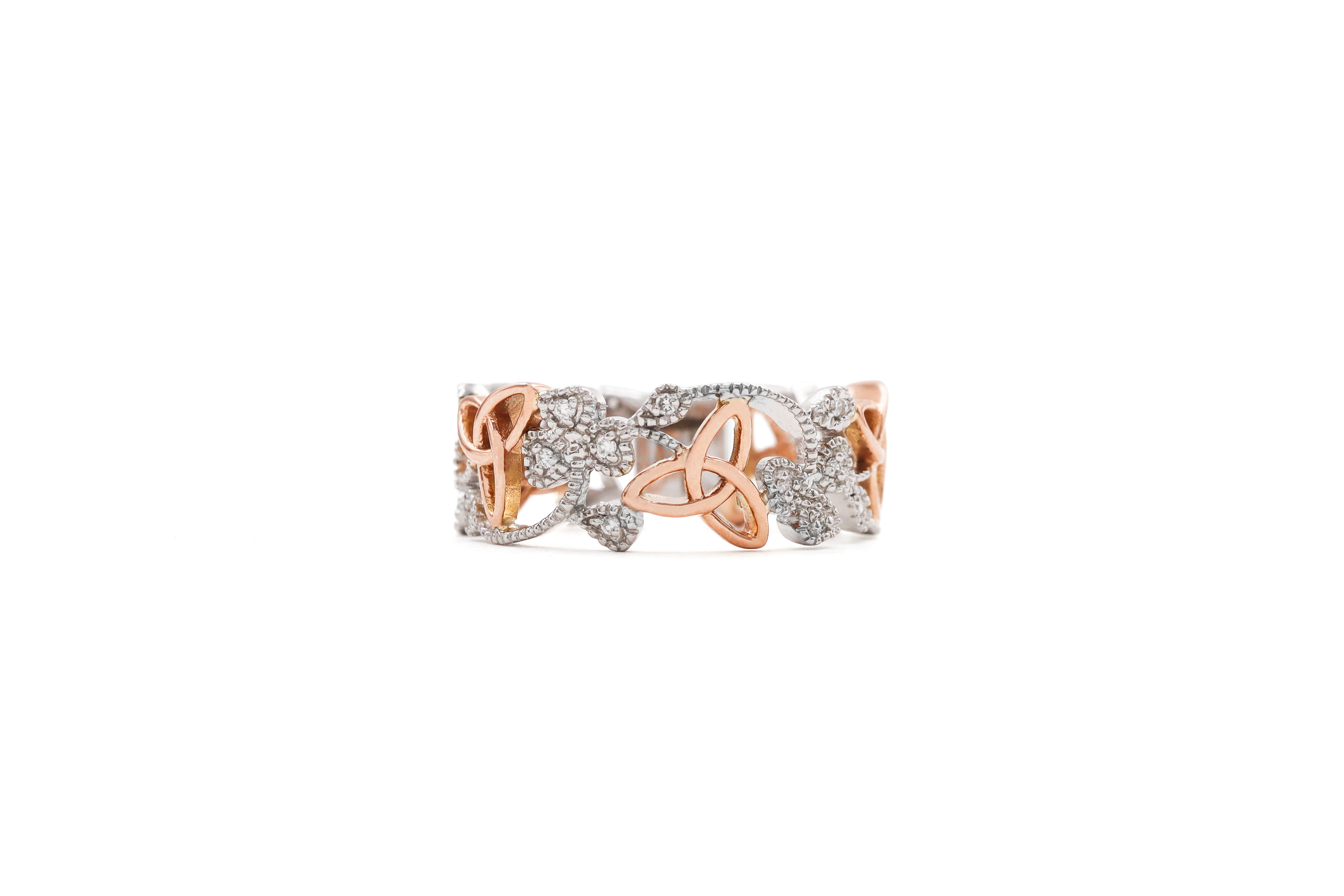 Womens Shamrock & Trinity Knot Ring in 14K White Gold & Rose Gold With a Polished Finish