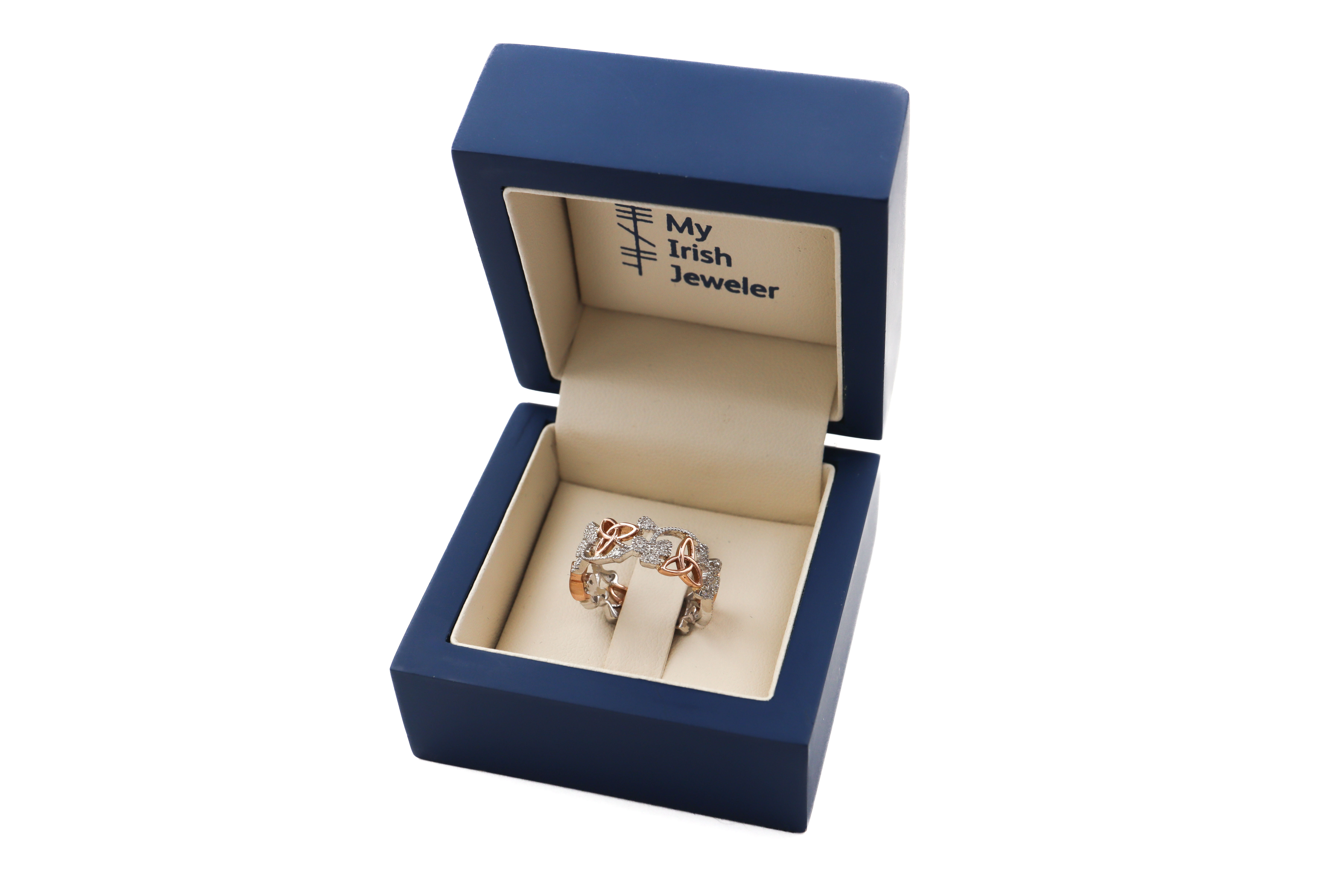 Womens Real Polished White Gold & Rose Gold Shamrock & Trinity Knot Anniversary Ring. In Luxury Packaging.