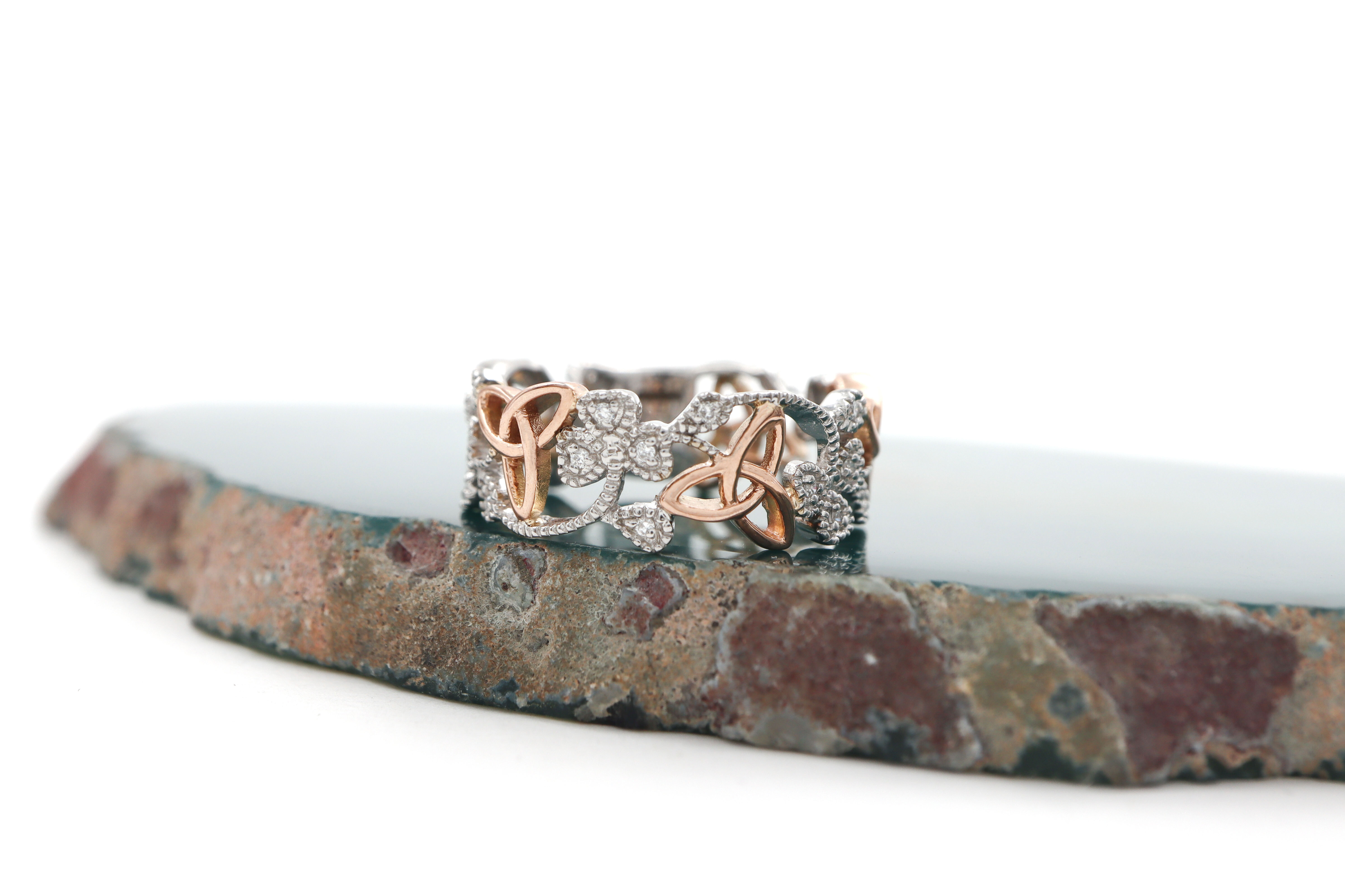 Genuine 14K White Gold & Rose Gold Shamrock & Trinity Knot Ring For Women With a Polished Finish