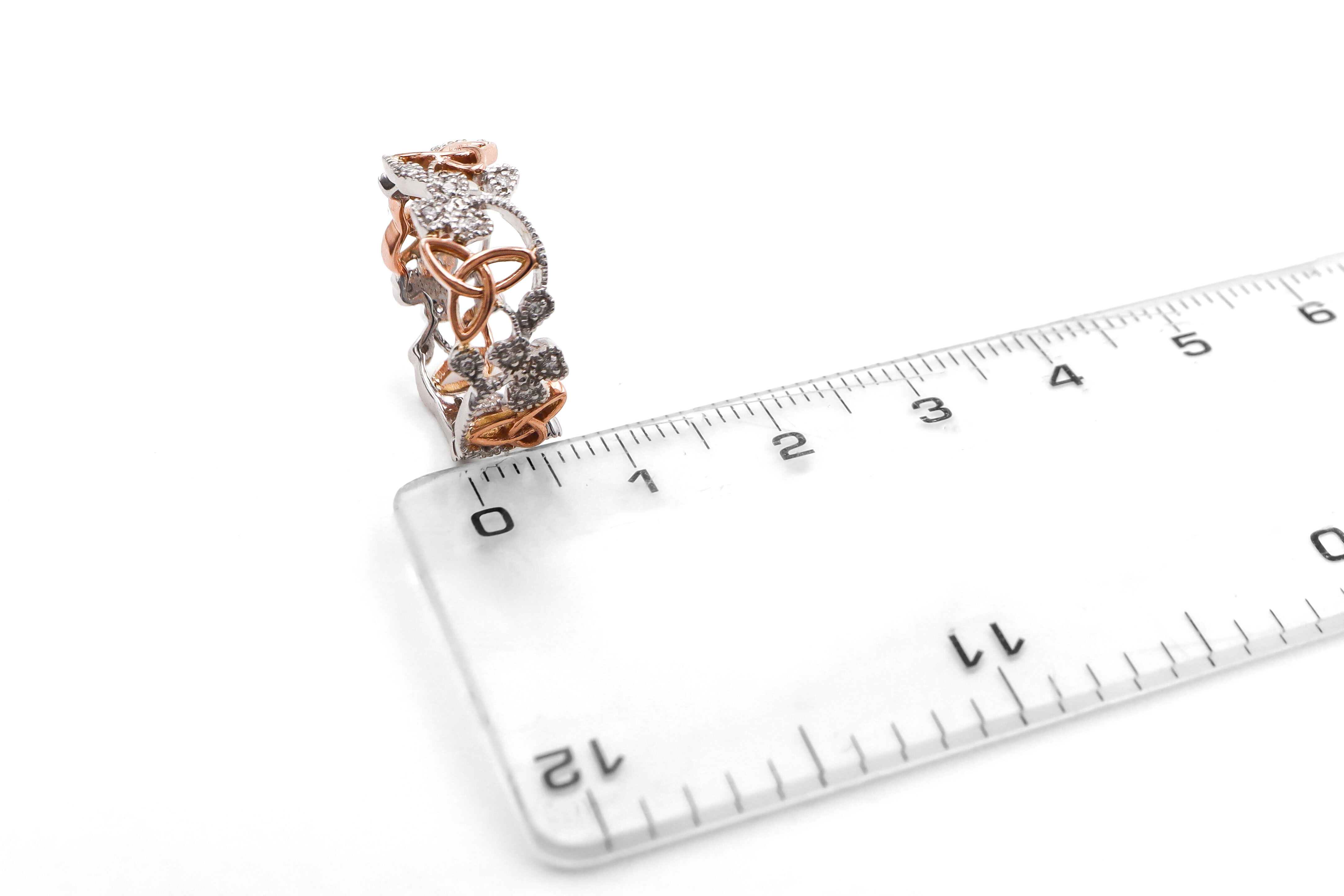 Womens Polished 14K White Gold & Rose Gold Shamrock & Trinity Knot Ring. Picture For Scale.