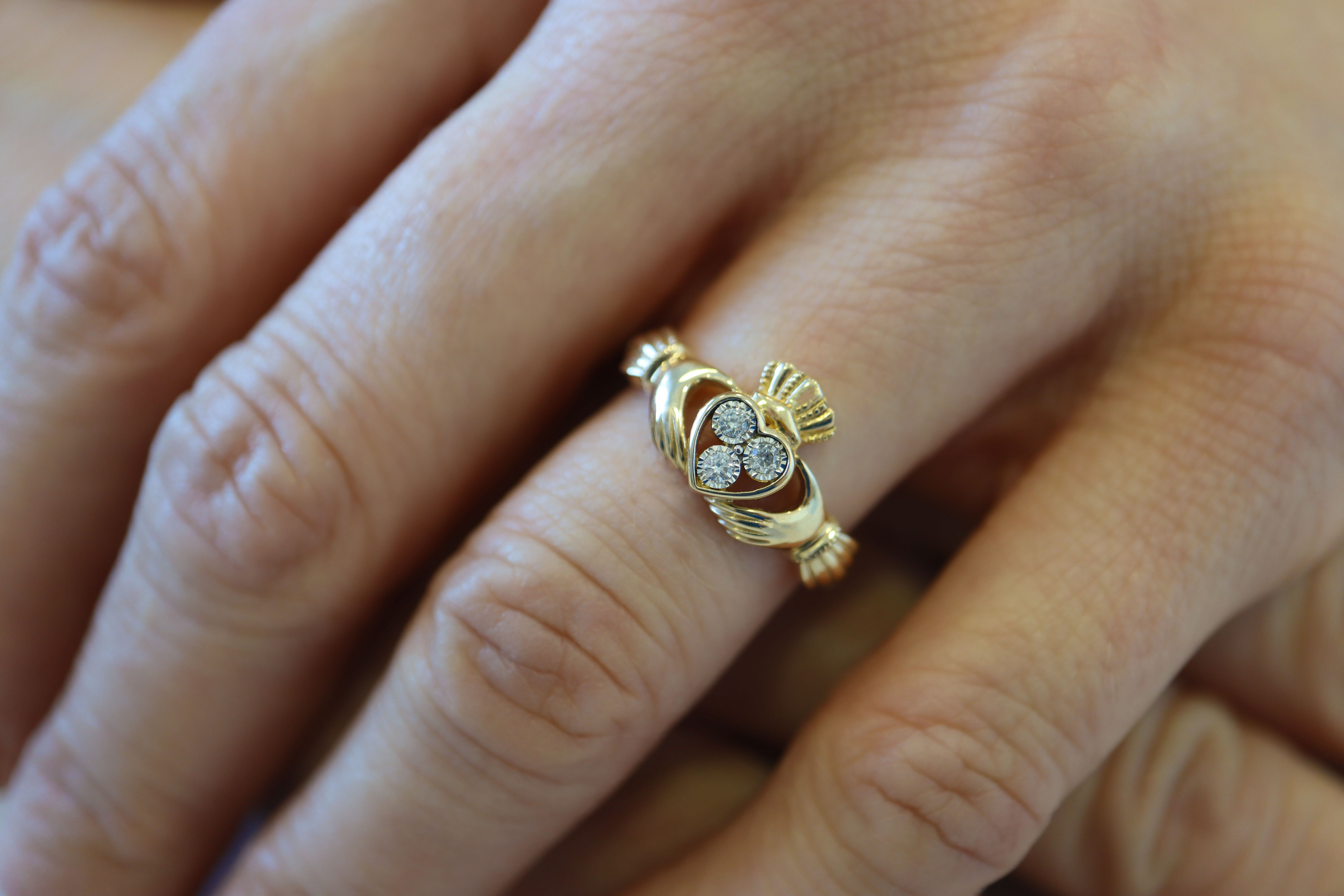 Irish 14K Yellow Gold Claddagh Engagement Ring For Women - Model Photo