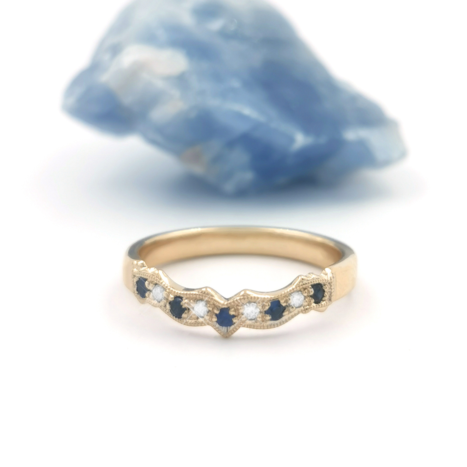 14K Gold Sapphire & Diamond Fitted Wedding Band
