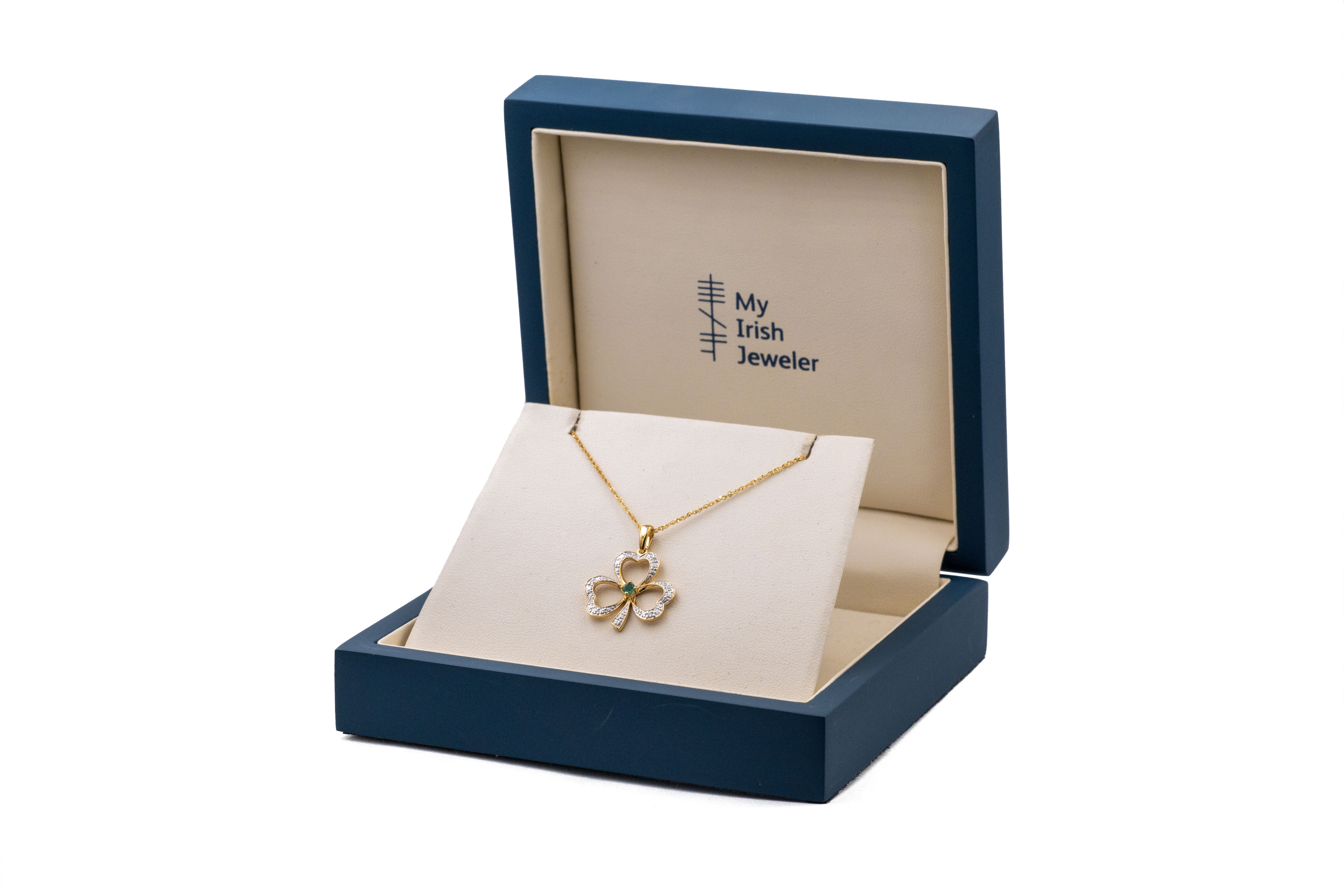Womens 14K Yellow Gold Shamrock Necklace. In Luxury Packaging.
