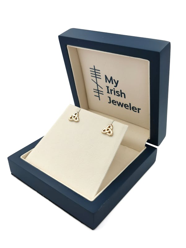 Small Irish 14K Yellow Gold Trinity Knot Earrings For Women. In Luxury Packaging.