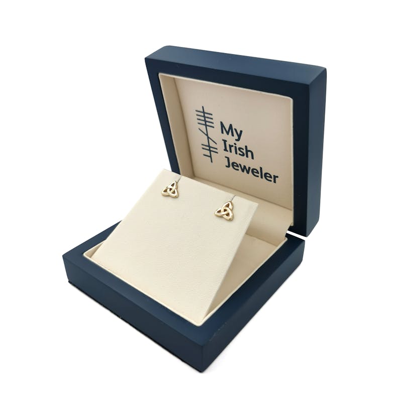 Small Irish 14K Yellow Gold Trinity Knot Earrings For Women. In Luxury Packaging.
