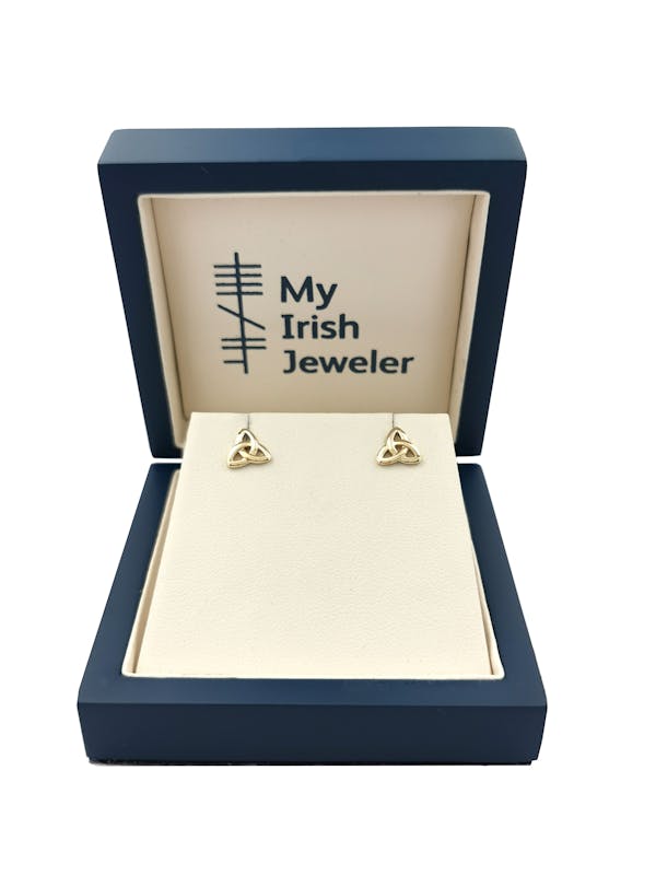 Small Womens Real Yellow Gold Trinity Knot & Celtic Knot Earrings. In Luxury Packaging.