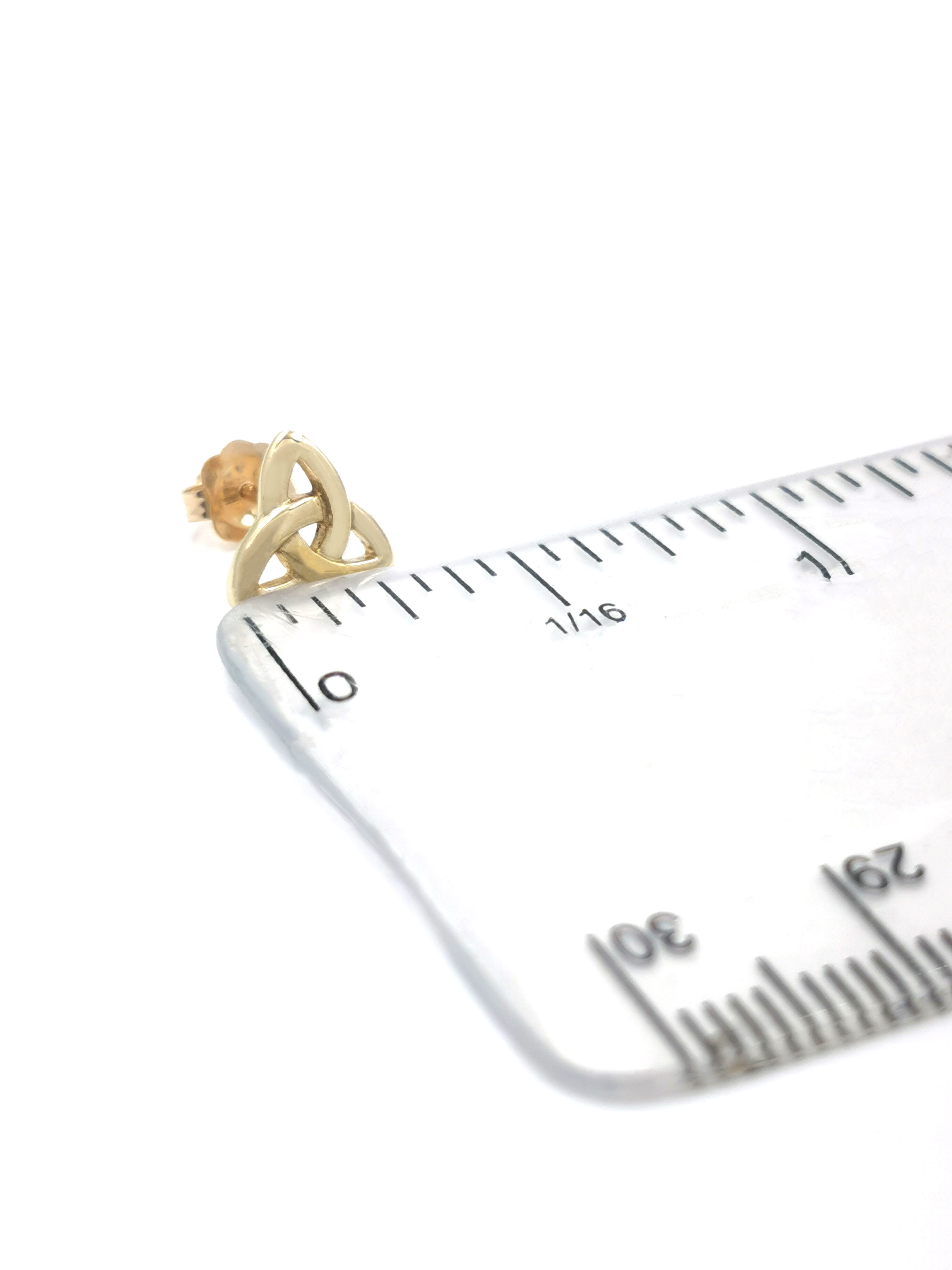 Womens Small Trinity Knot & Celtic Knot Earrings in Real 14K Yellow Gold. Picture For Scale.