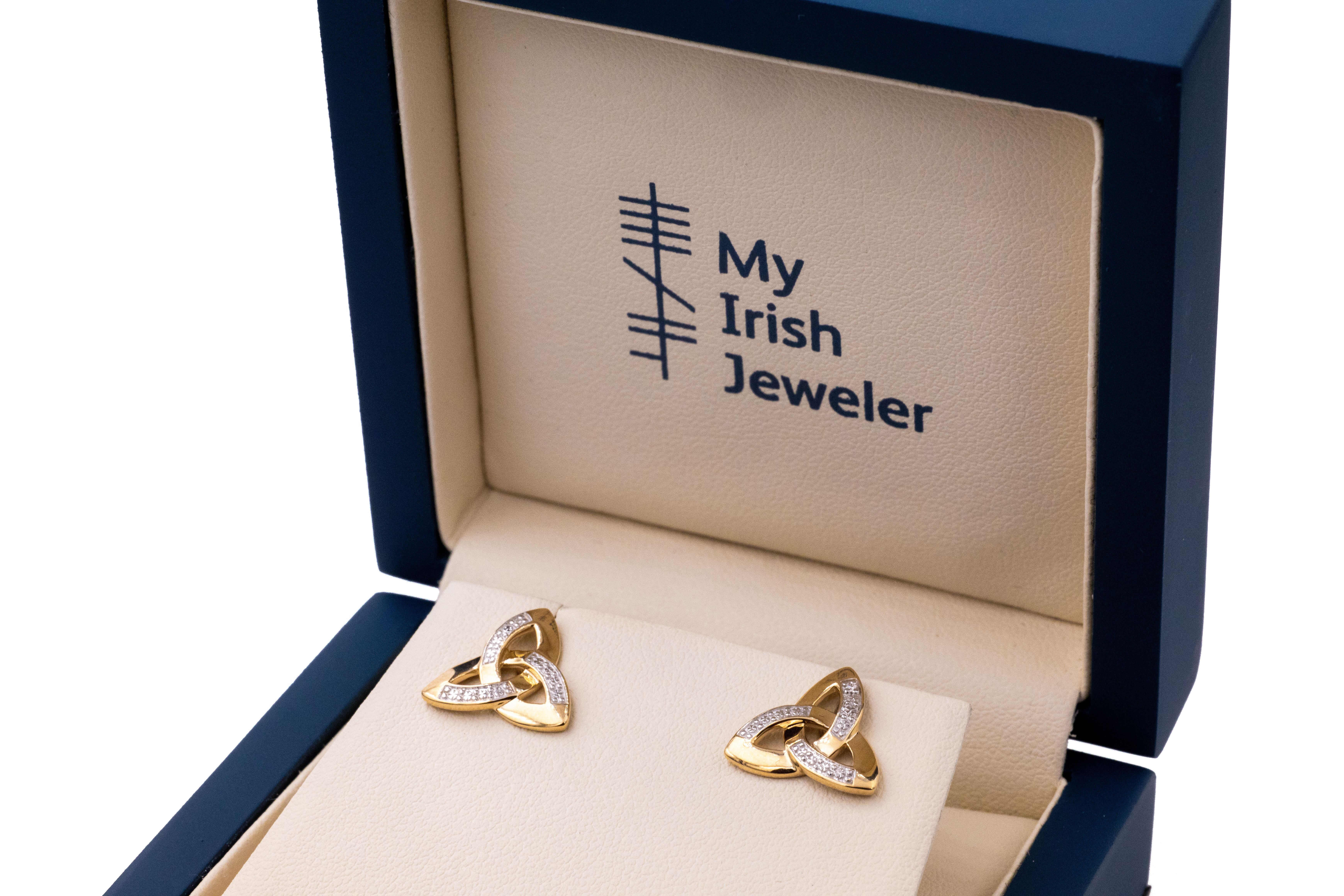 14 K Gold Trinity Knot Stud Earrings set with Diamonds SKU 1897 box 1
