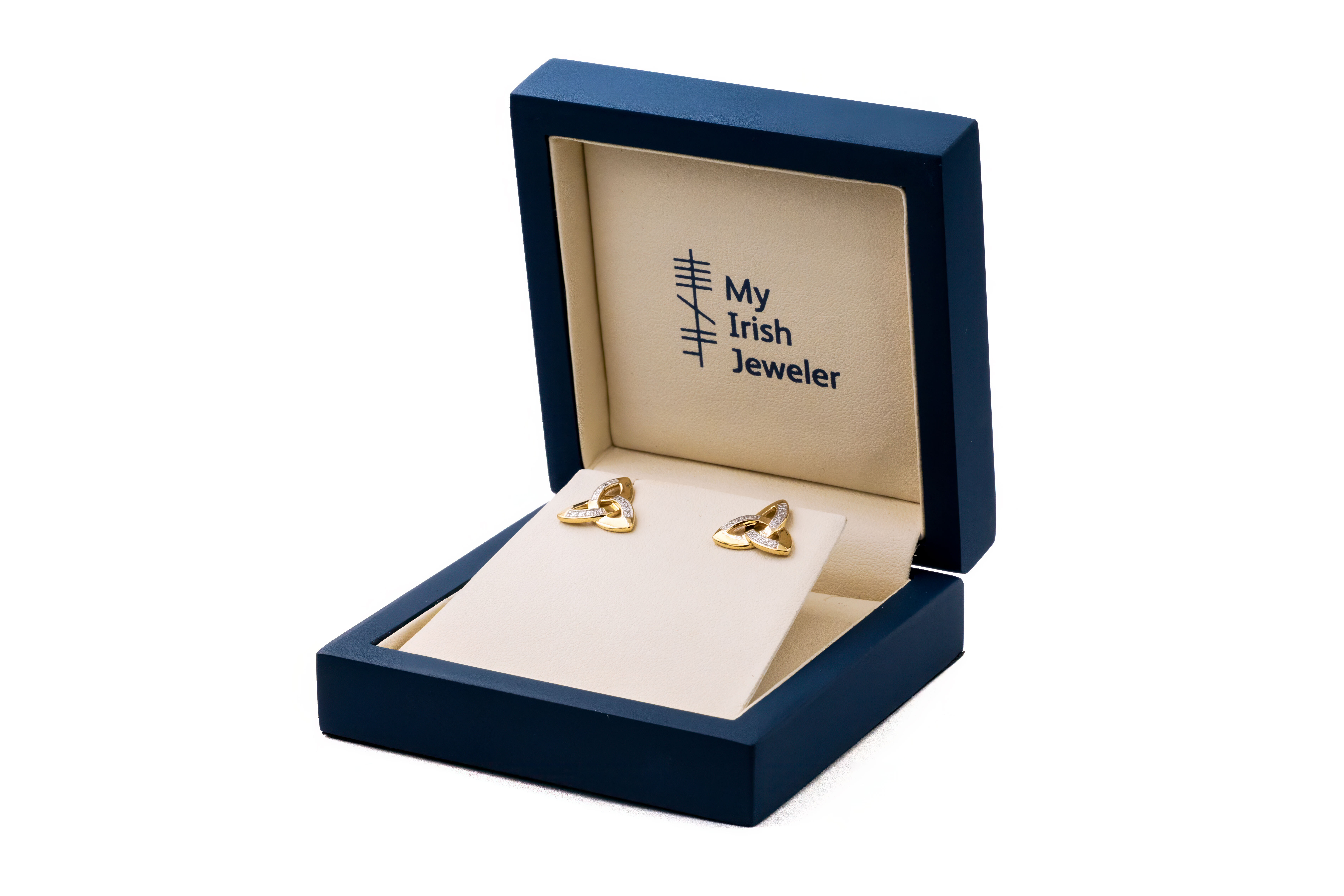 14 K Gold Trinity Knot Stud Earrings set with Diamonds SKU 1897 box 2