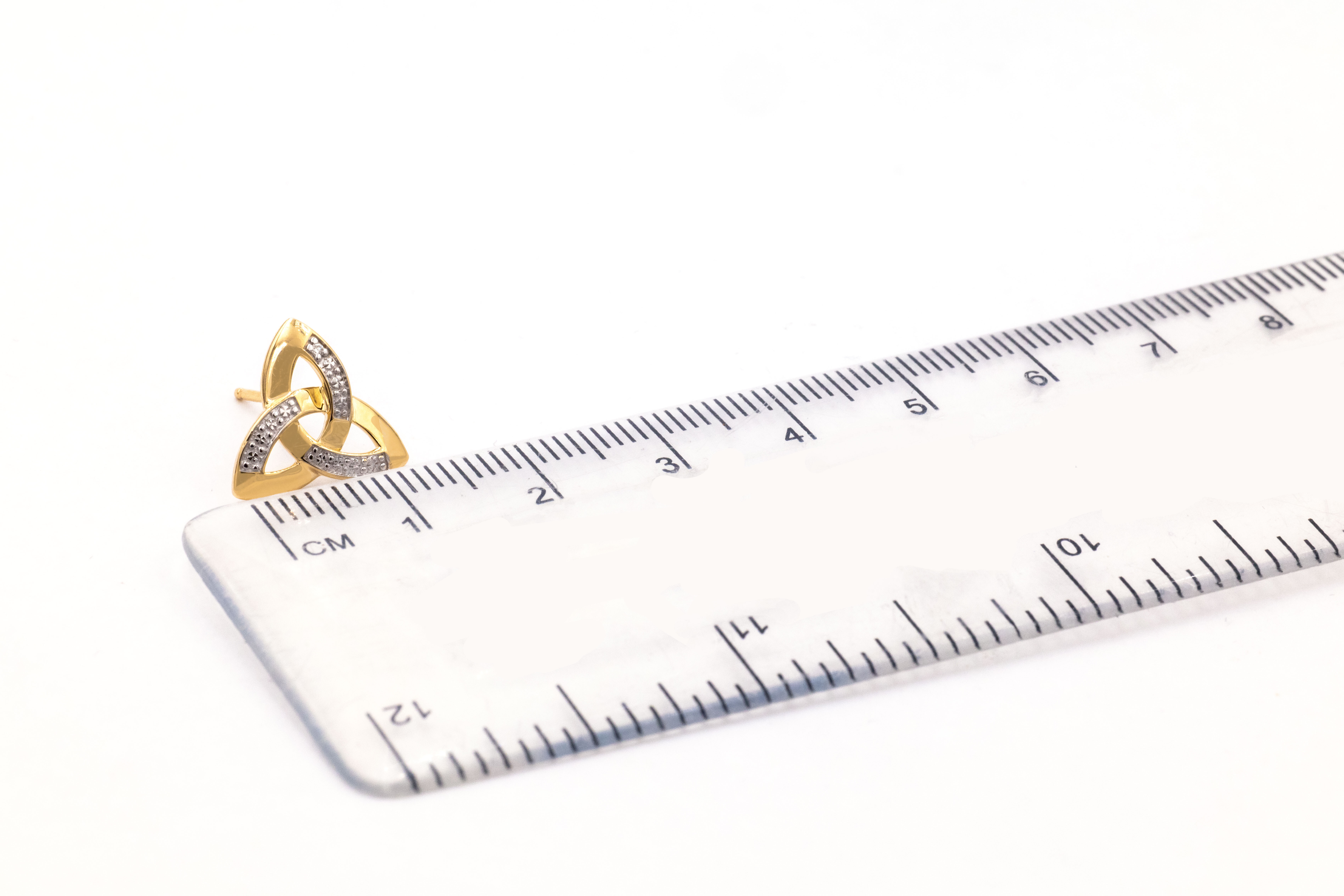 14 K Gold Trinity Knot Stud Earrings set with Diamonds SKU 1897 ruler