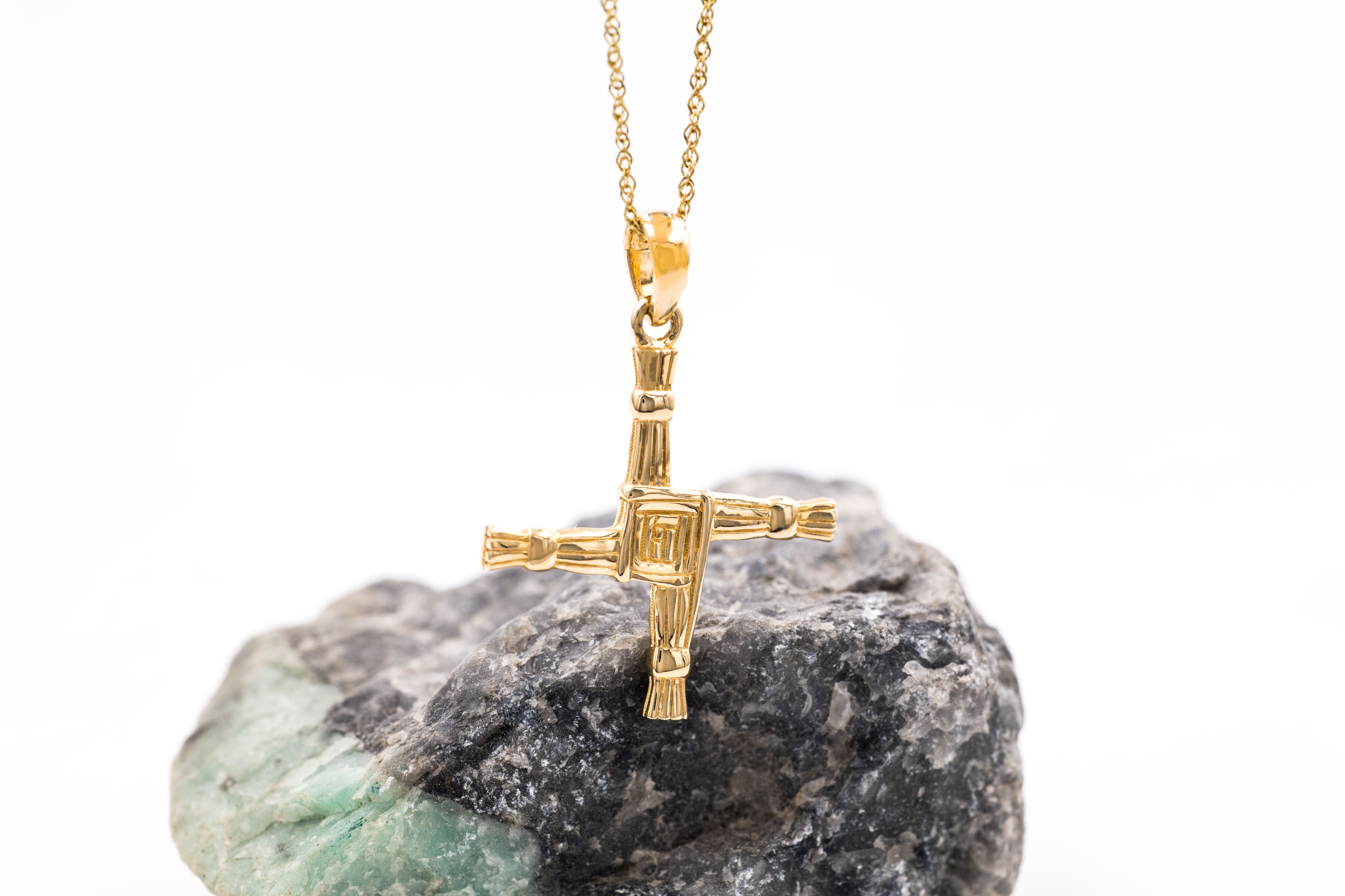 St Brigids Cross Necklace in Real Yellow Gold. Side View.