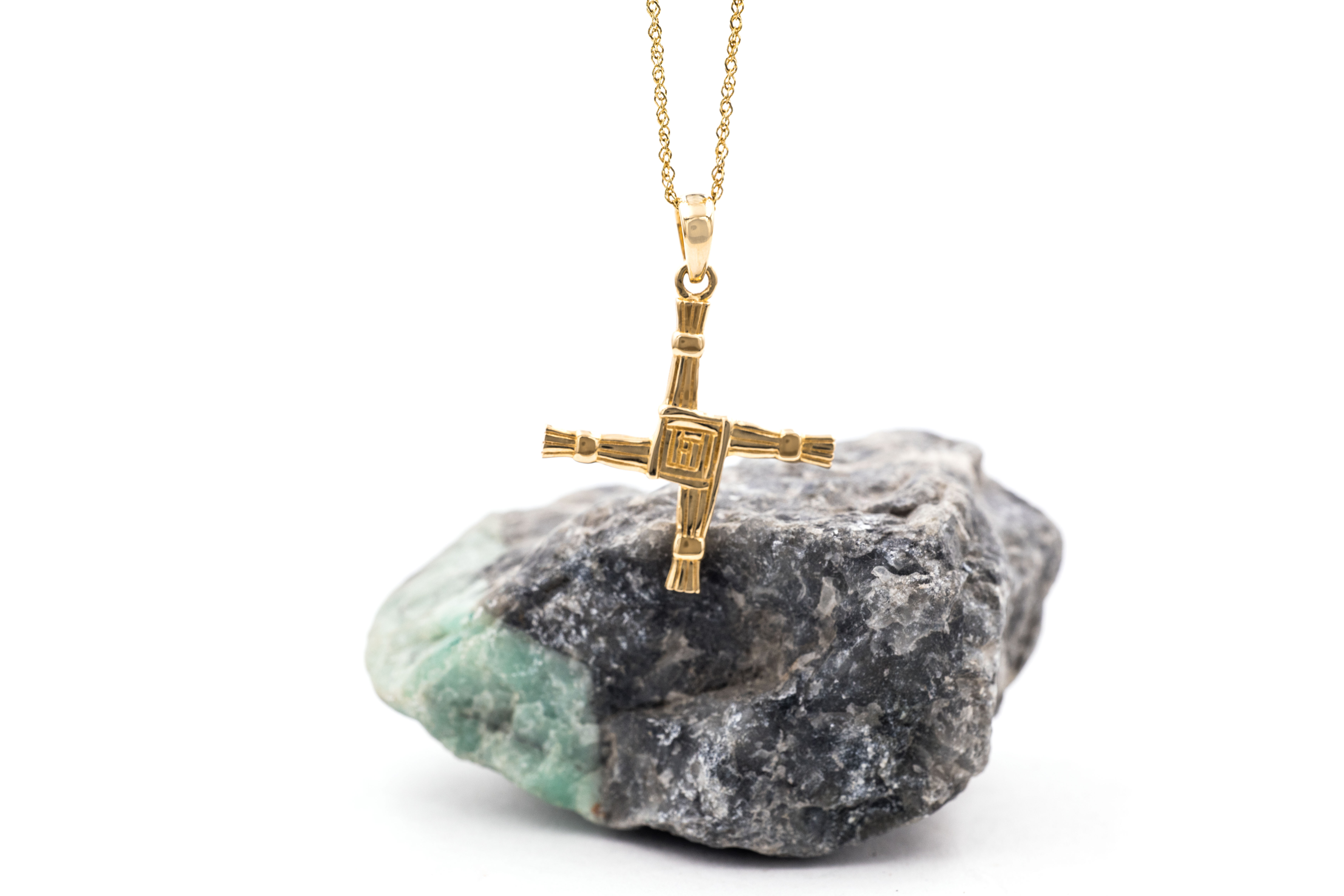 Yellow Gold St Brigids Cross Necklace. Side View.