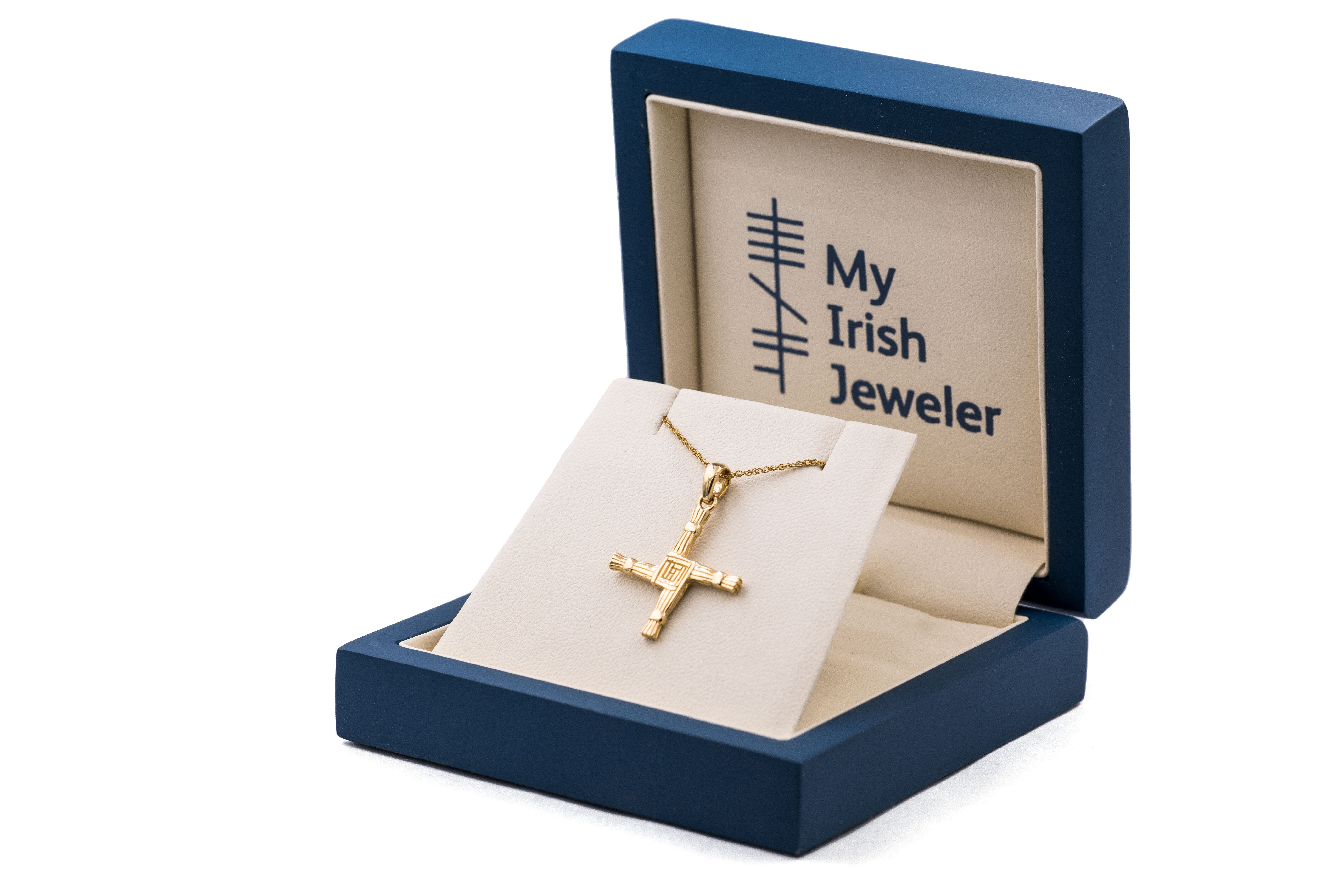 St Brigids Cross Necklace in Real 14K Yellow Gold. Side View.