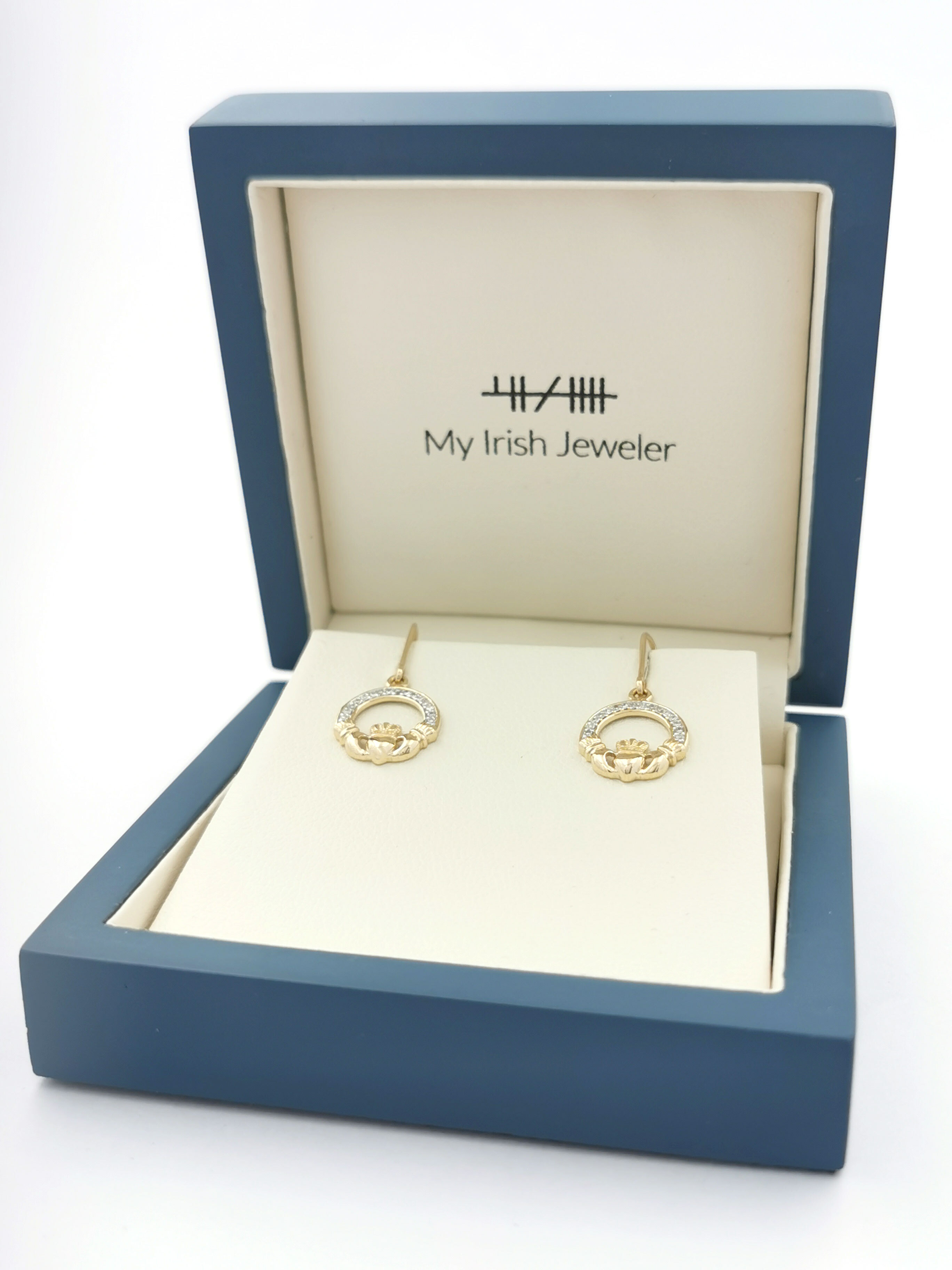 14k Diamond Set Claddagh Drop Earrings, From Ireland