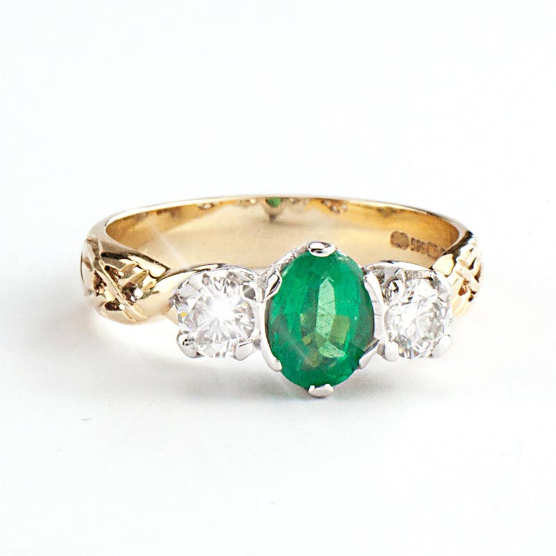 Oval Emerald & Diamond Three Stone Celtic Ring