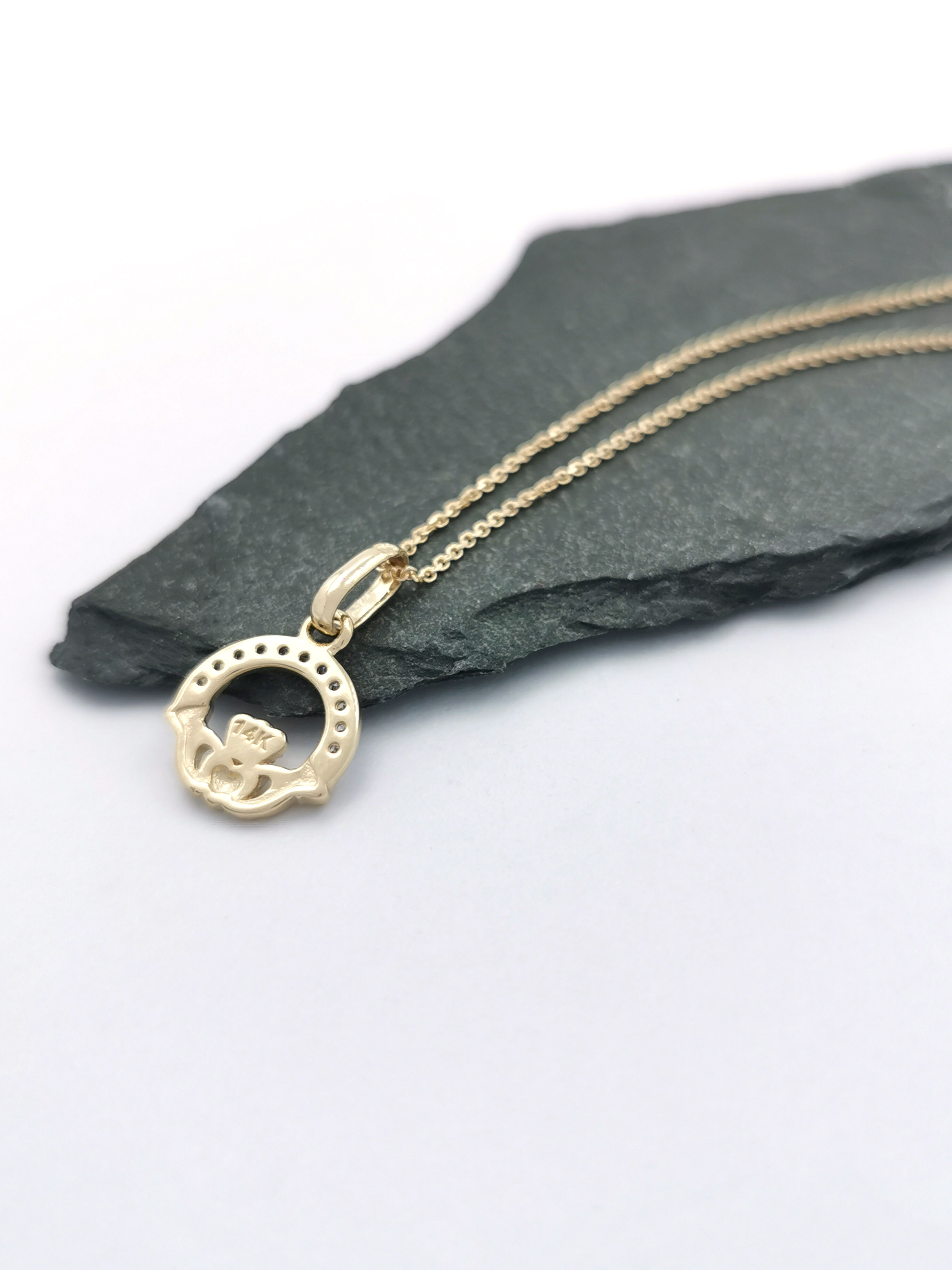 Womens Claddagh Necklace in 14K Yellow Gold With a Polished Finish. Picture Of The Back.