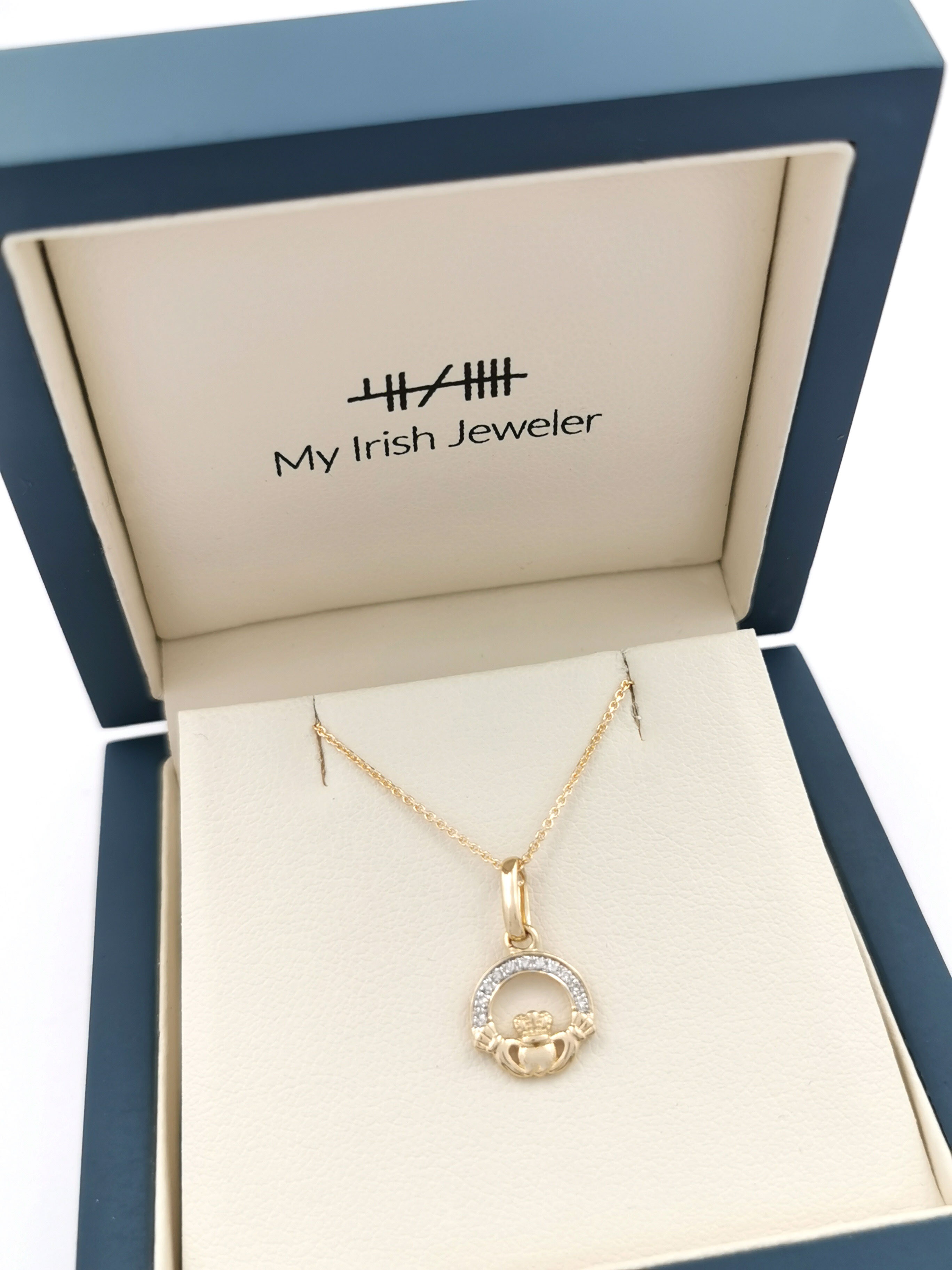 Womens Claddagh Necklace in 14K Yellow Gold. In Luxury Packaging.