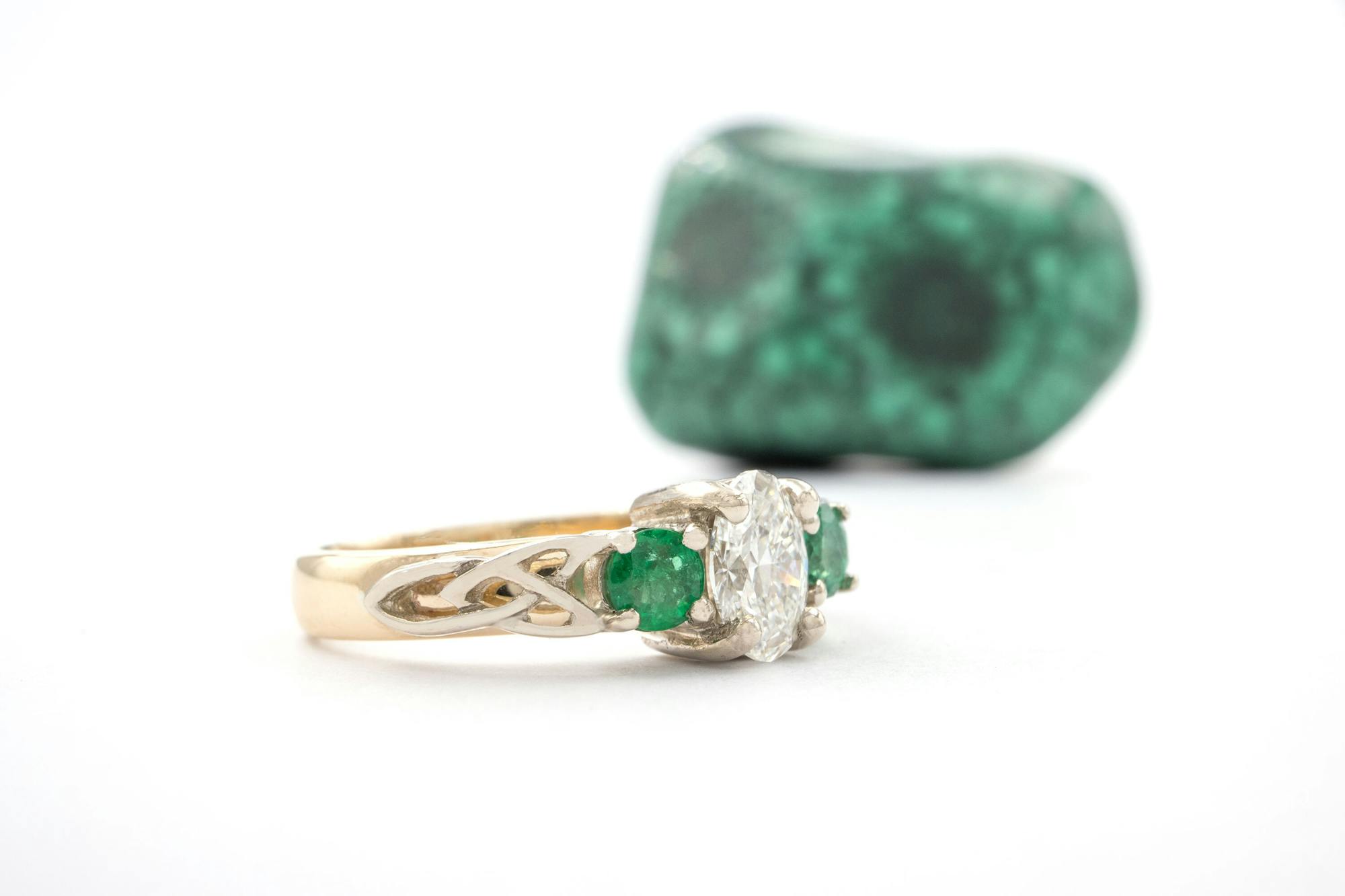 Oval Diamond & Emerald Three Stone Trinity Knot… | My Irish Jeweler