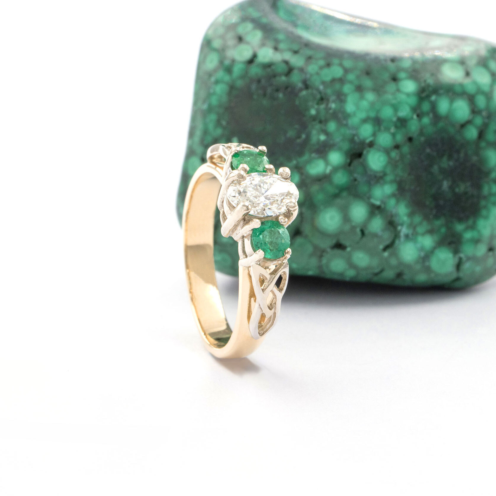 Oval Diamond & Emerald Tree Stone Trinity Knot Ring