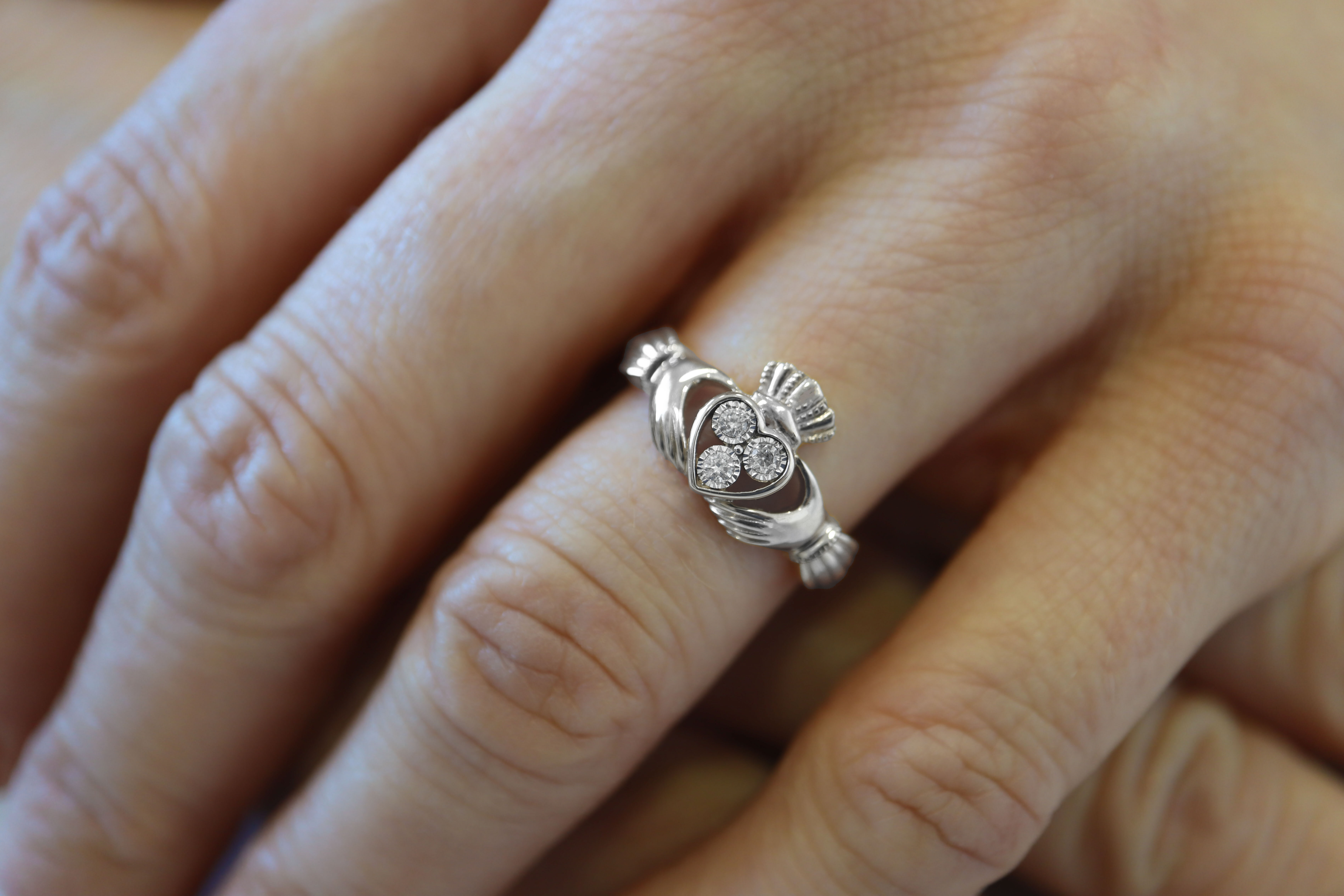 Genuine White Gold Claddagh Engagement Ring For Women - Model Photo