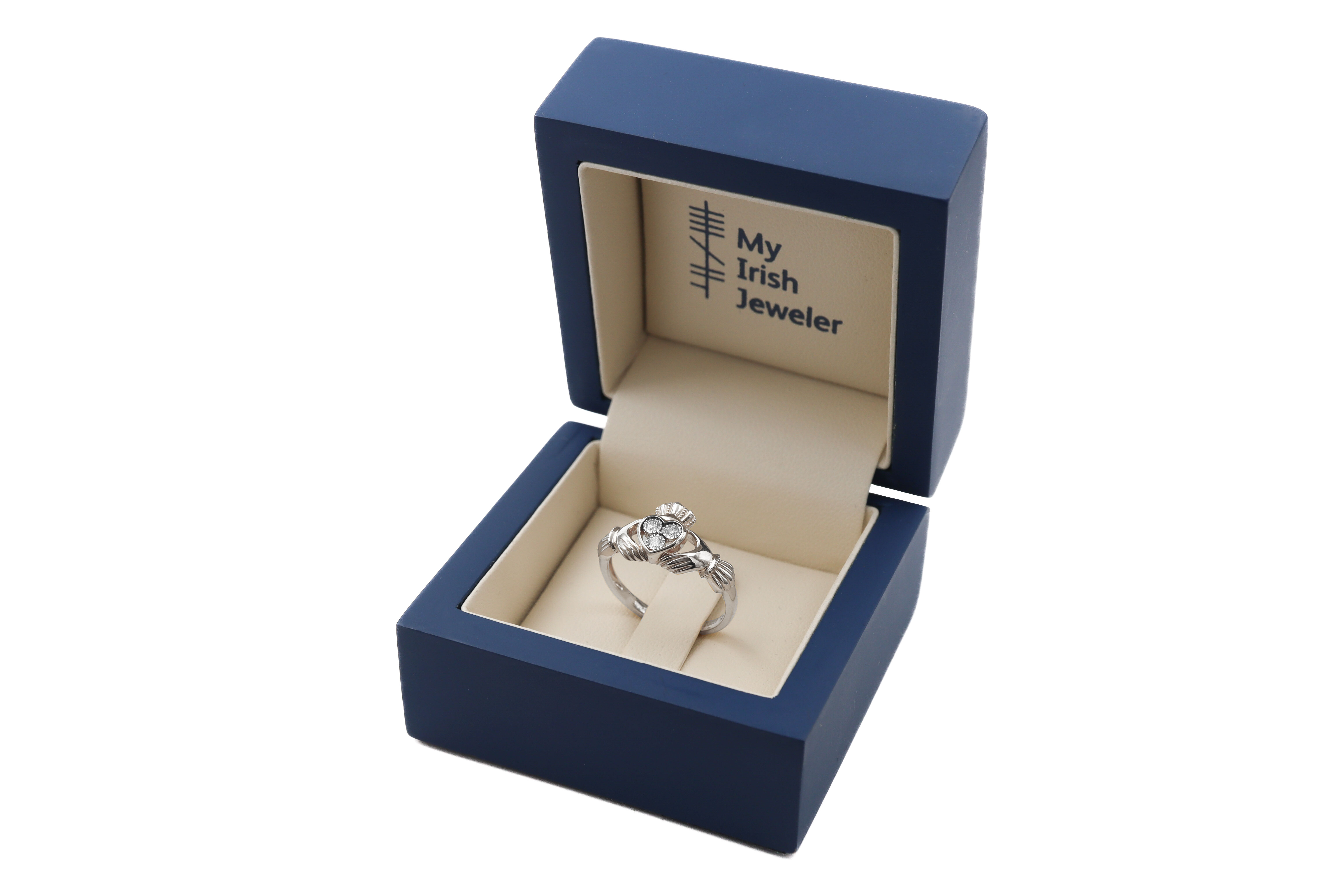 Romantic White Gold Claddagh Ring For Women. In Luxury Packaging.