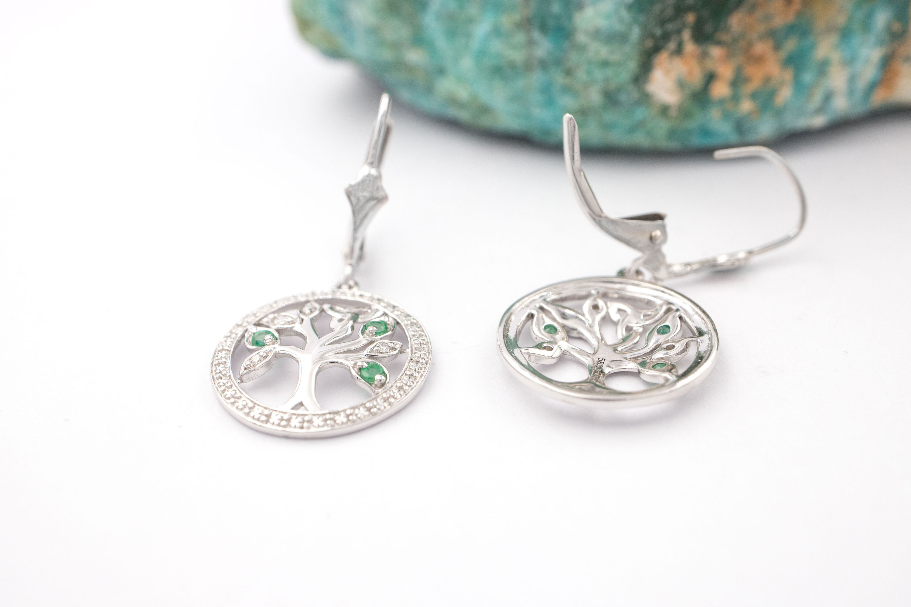 Womens Tree of Life Earrings in Real White Gold