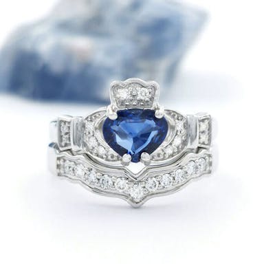 14K White Gold Sapphire & Diamond Claddagh Ring