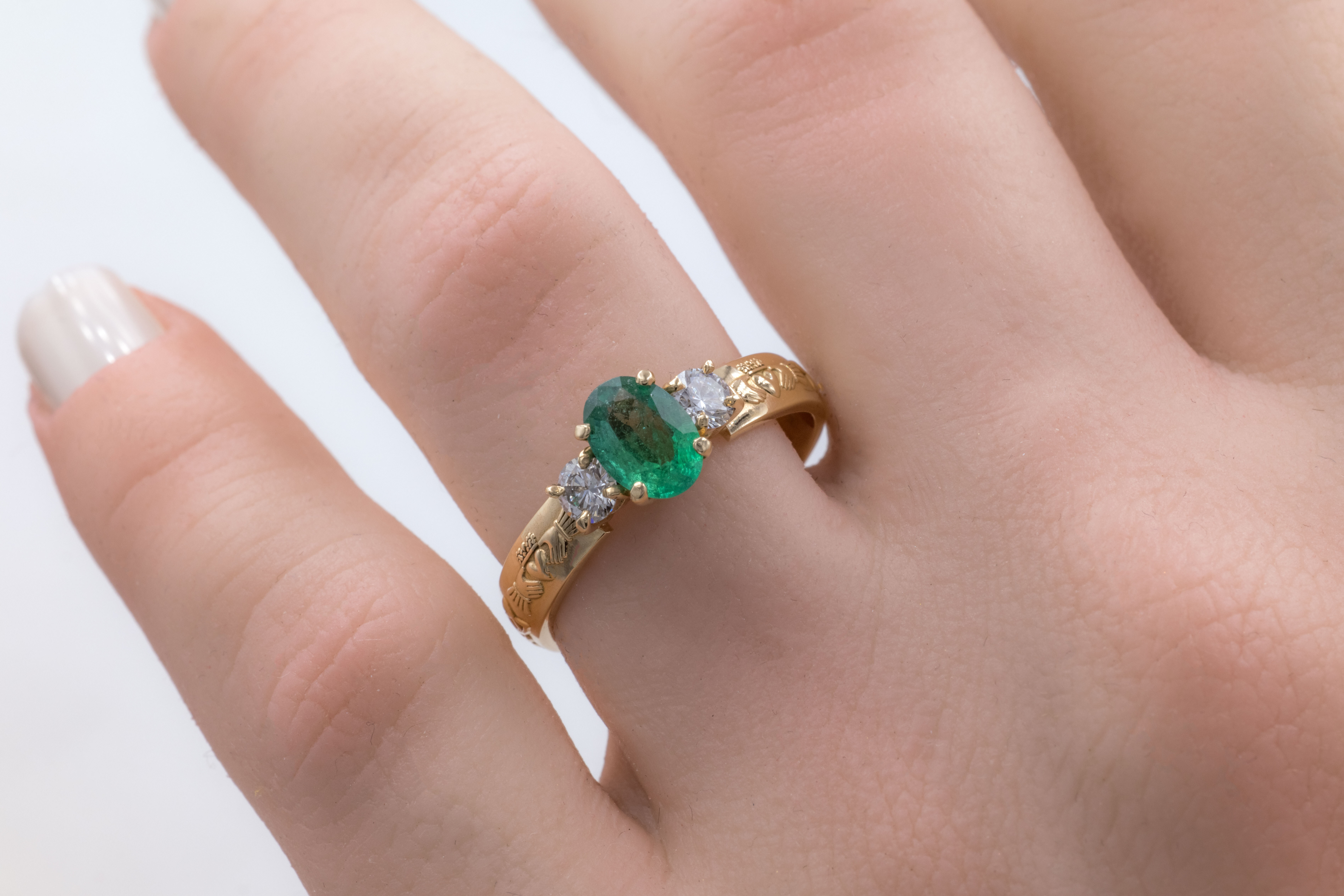Womens Genuine Yellow Gold Claddagh 0.75ct Natural Emerald Engagement Ring