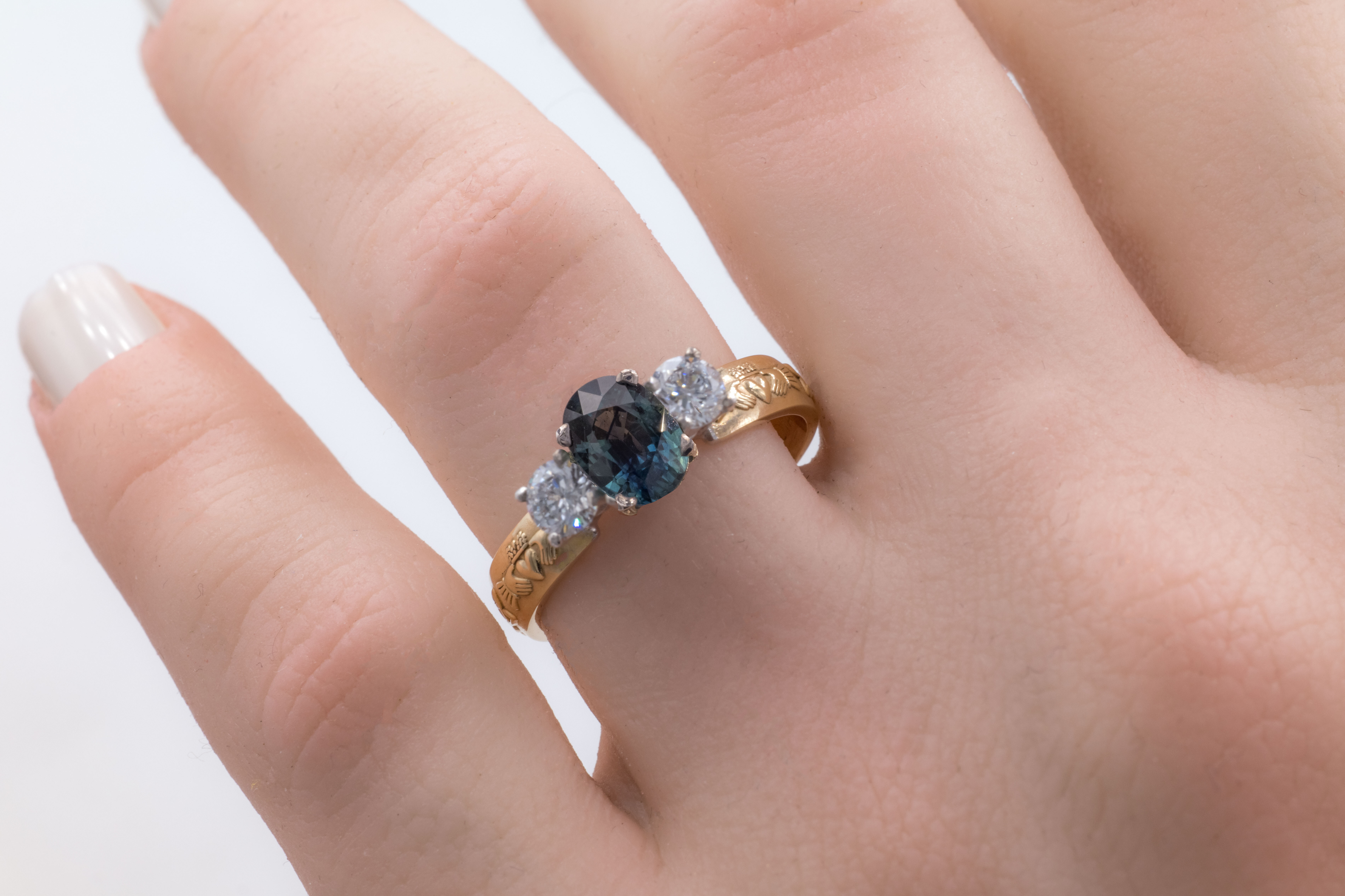 Attractive 14K Yellow Gold Claddagh 0.75ct Natural Sapphire Engagement Ring With a Polished Finish For Women