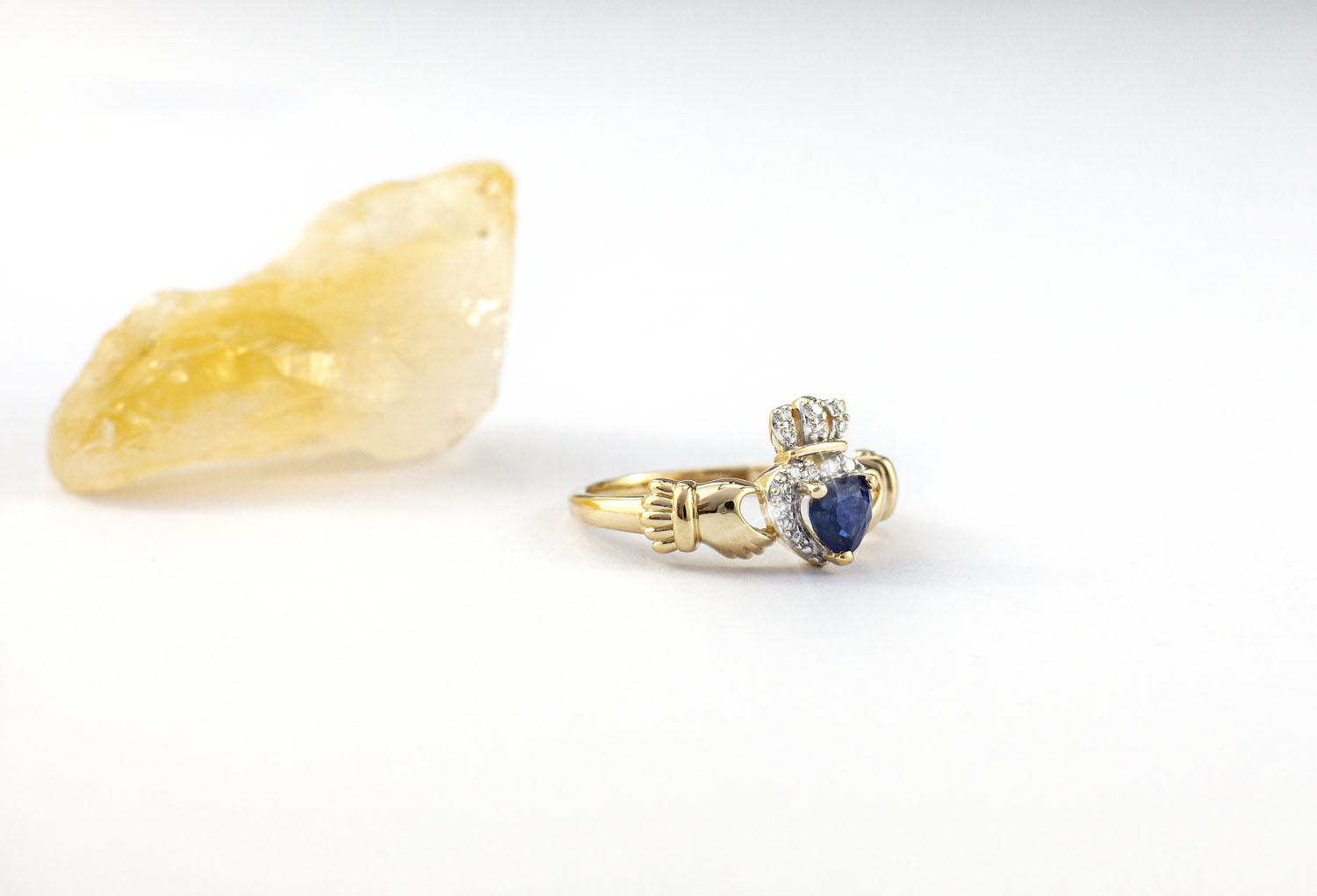 Authentic 14K Yellow Gold Claddagh Engagement Ring For Women. Side View.