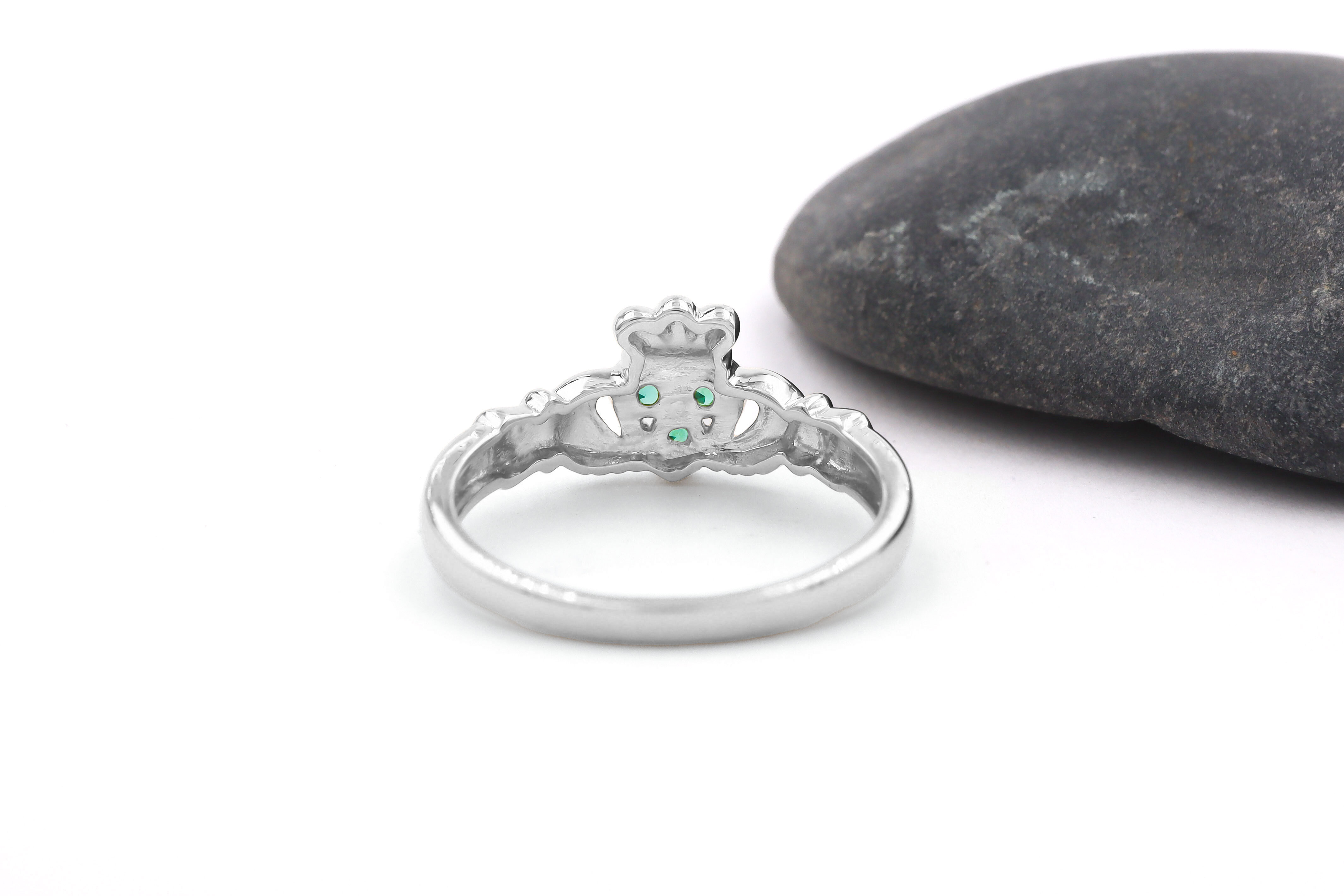 14 K white Gold Claddagh Ring Set with 3 Emeralds Sku 9826 back