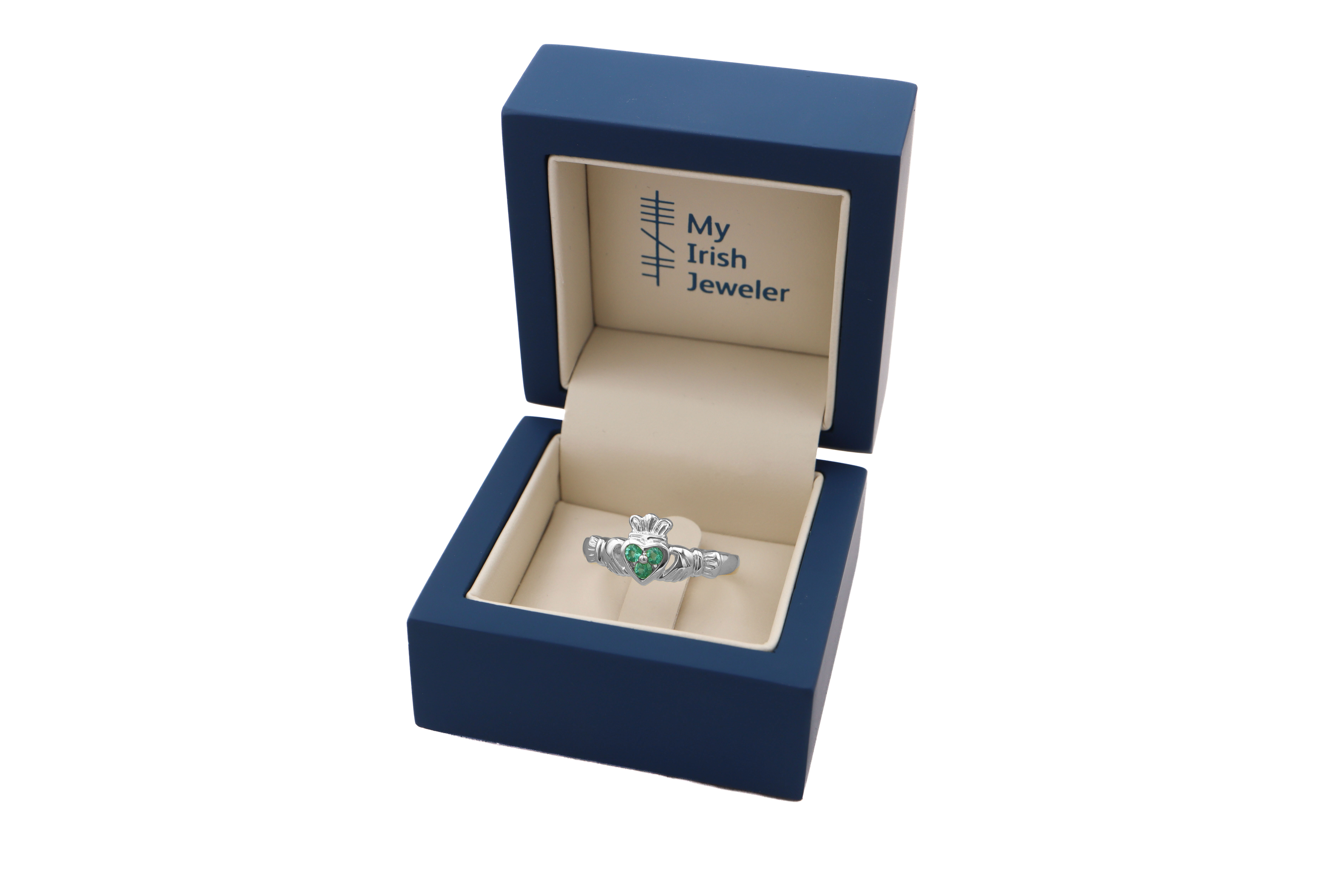 14 K white Gold Claddagh Ring Set with 3 Emeralds Sku 9826 box