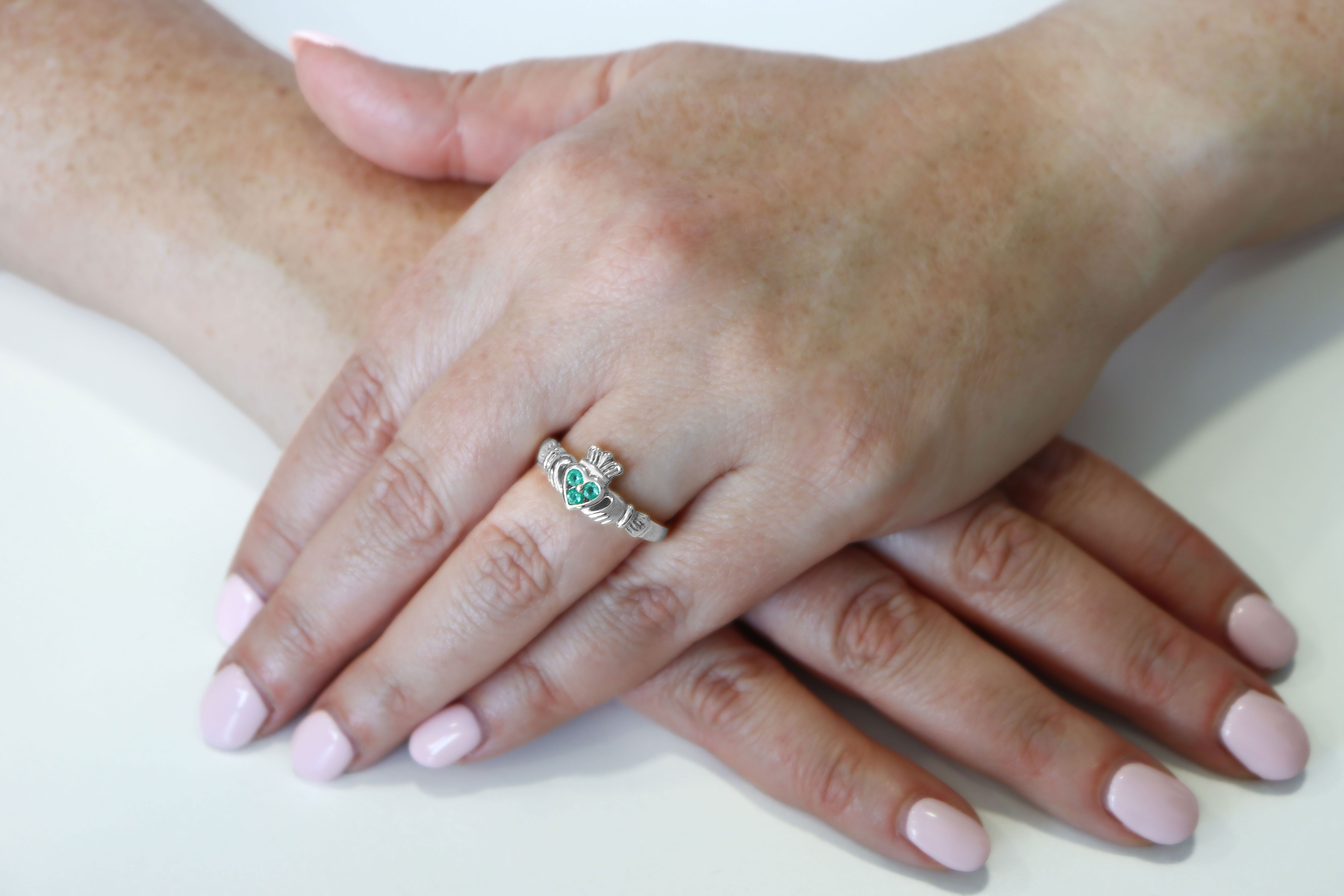 14 K white Gold Claddagh Ring Set with 3 Emeralds Sku 9826 model