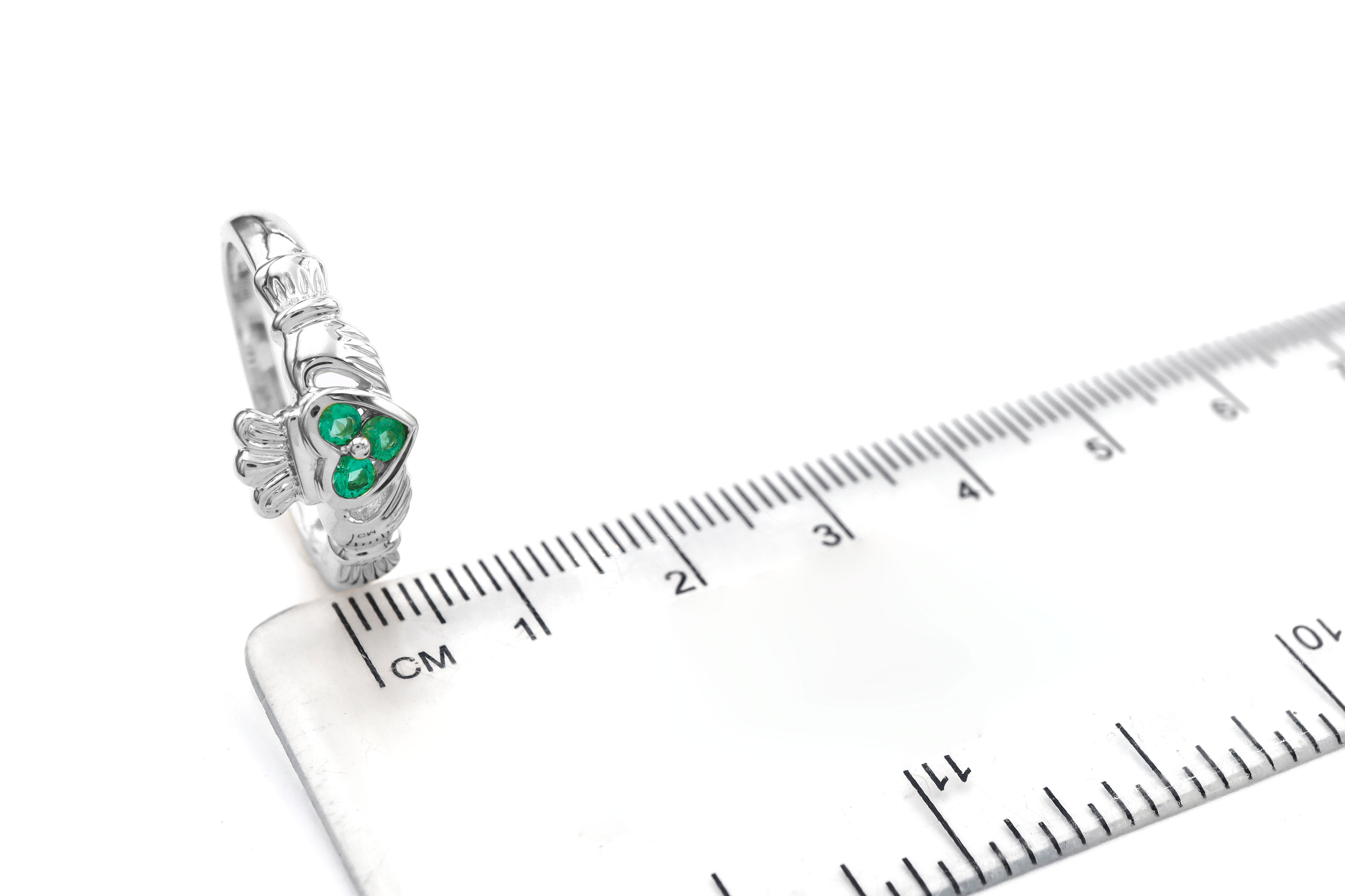 14 K white Gold Claddagh Ring Set with 3 Emeralds Sku 9826 scale