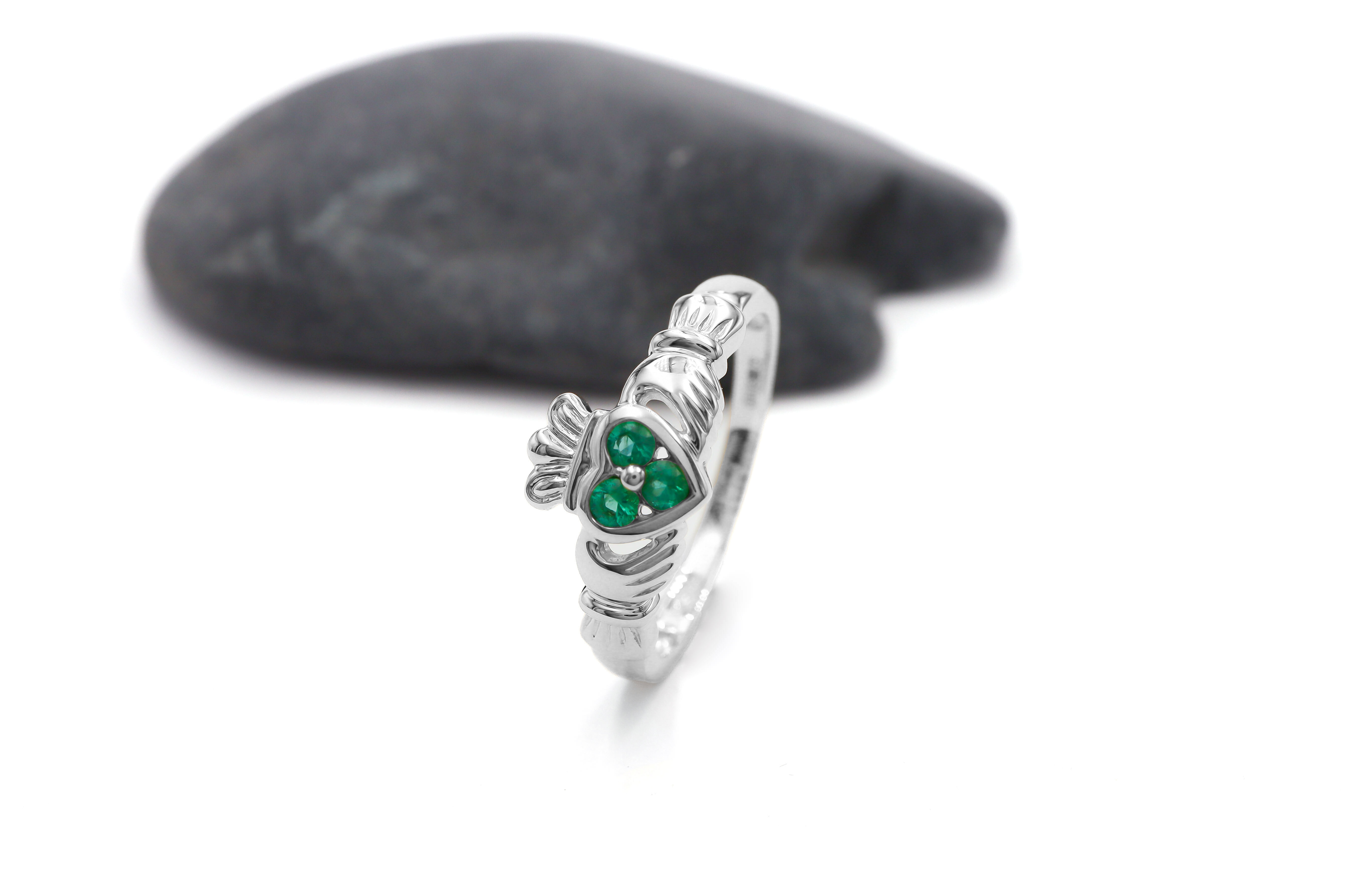 14 K white Gold Claddagh Ring Set with 3 Emeralds Sku 9826 side 2