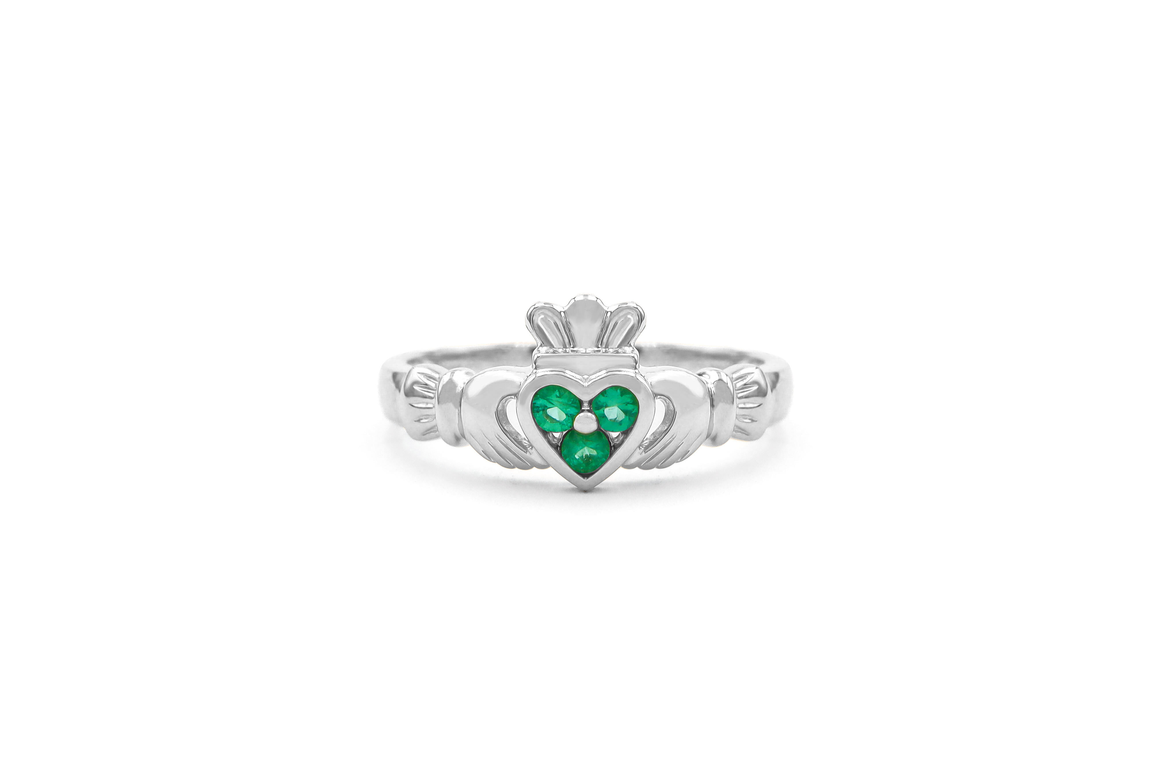 14 K white Gold Claddagh Ring Set with 3 Emeralds Sku 9826 white background