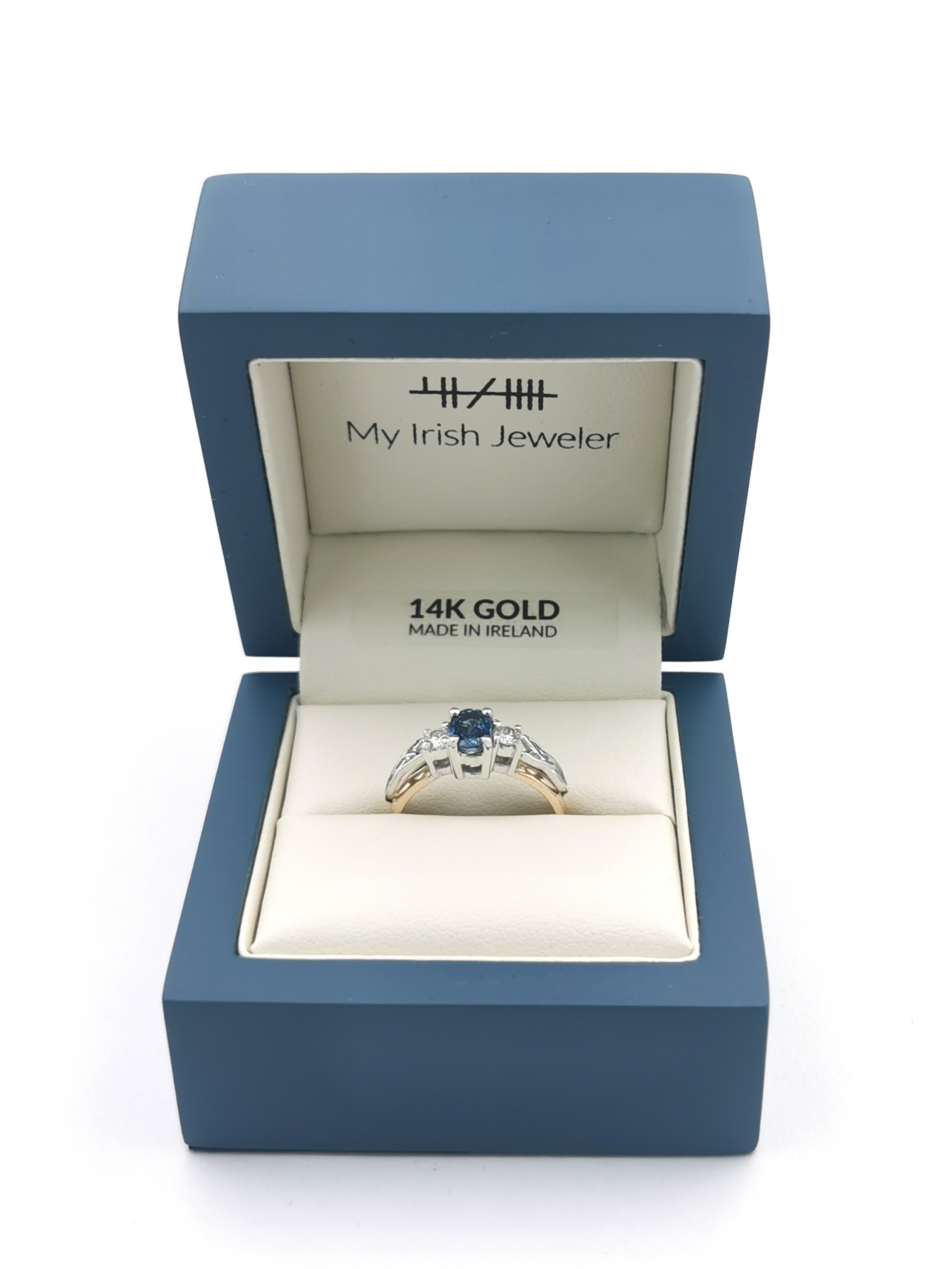 Attractive Yellow Gold & White Gold Trinity Knot 0.50ct Natural Sapphire Engagement Ring For Women With a Polished Finish. In Luxury Packaging.