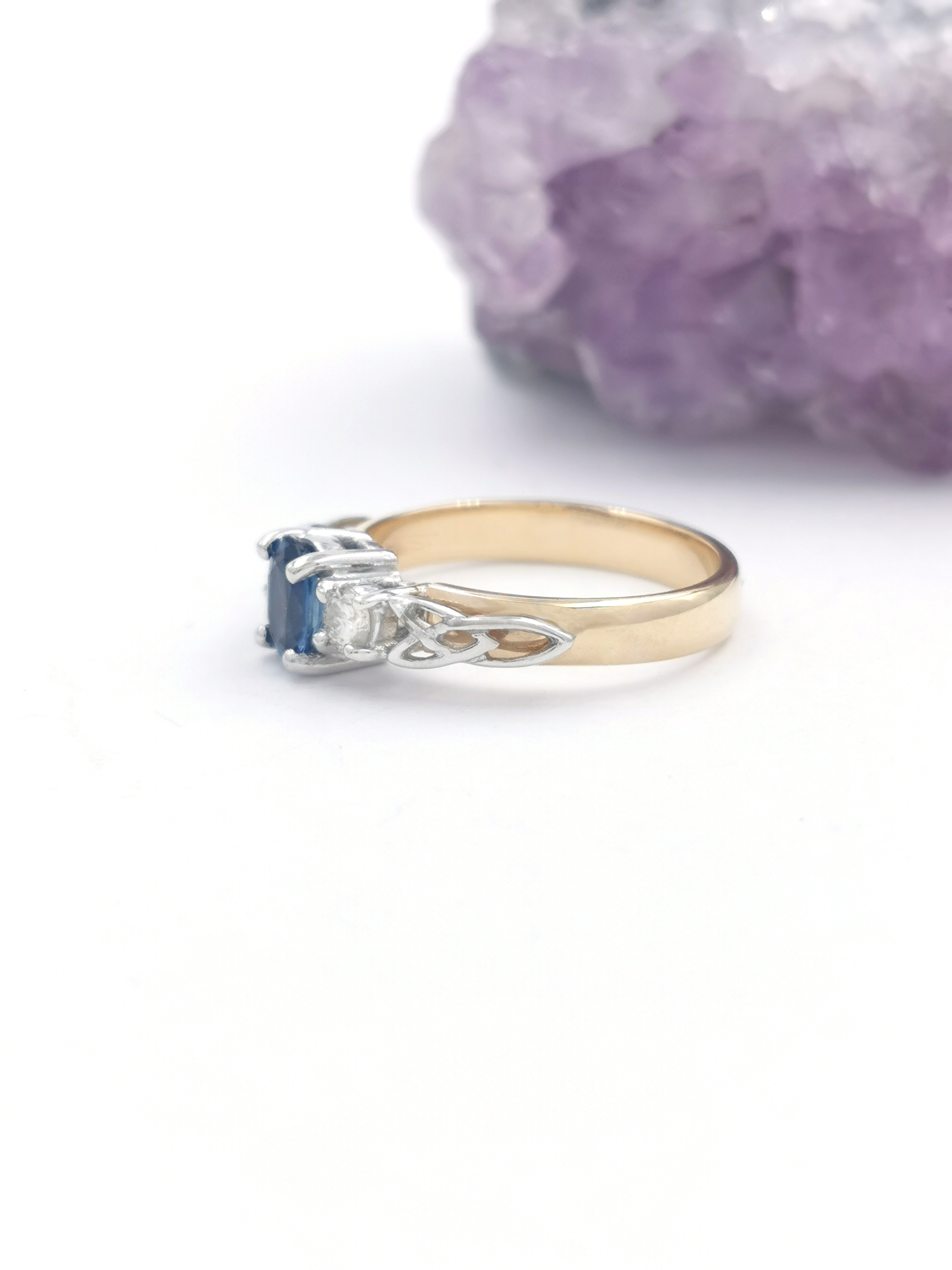 Womens Polished Yellow Gold & White Gold Trinity Knot 0.50ct Natural Sapphire Engagement Ring. Side View.