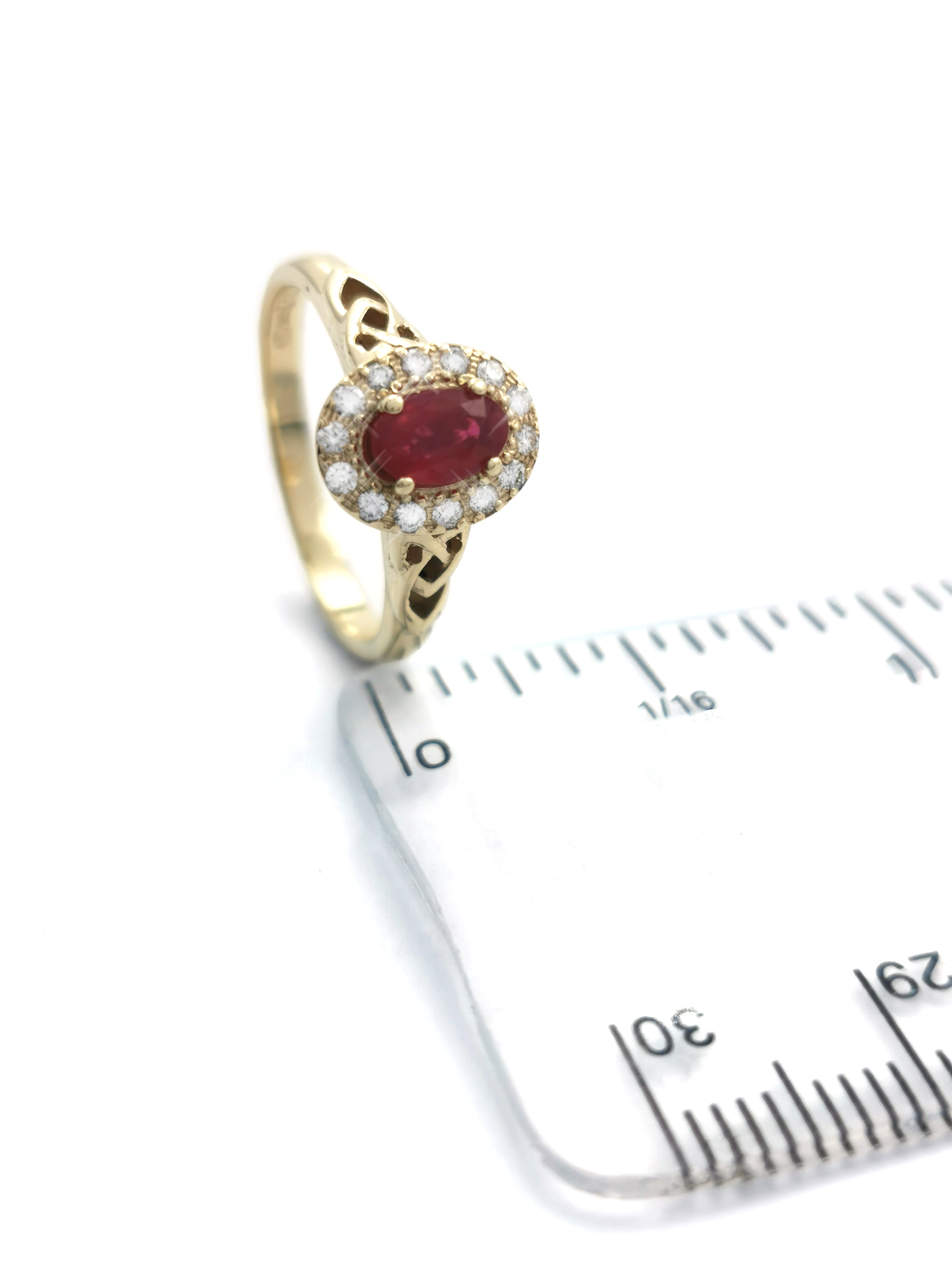 Womens Polished Yellow Gold Trinity Knot 0.50ct Natural Ruby Ring. Picture For Scale.