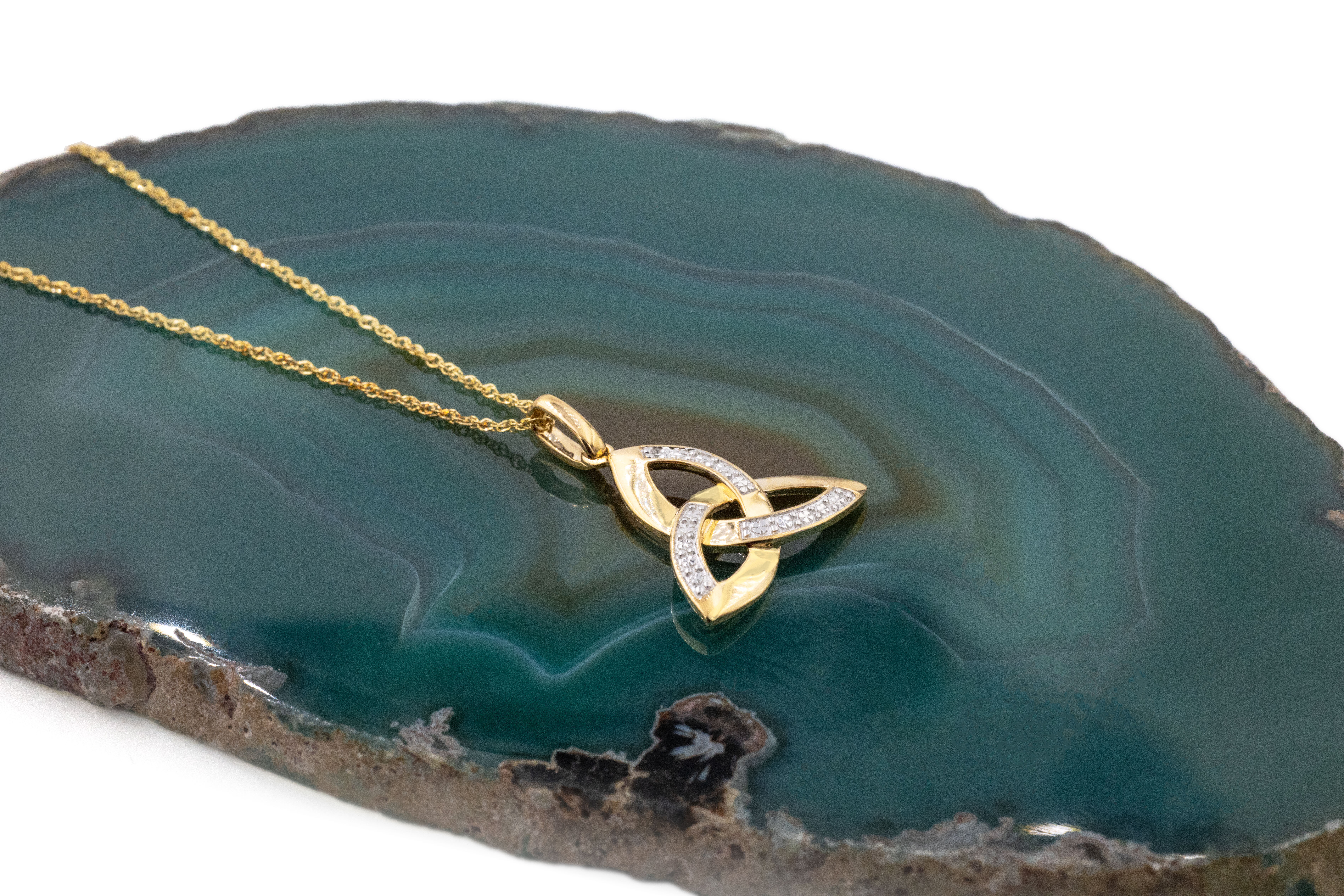 Womens Luxurious 14K Yellow Gold Celtic Knot & Trinity Knot Necklace. Pictured Flat.