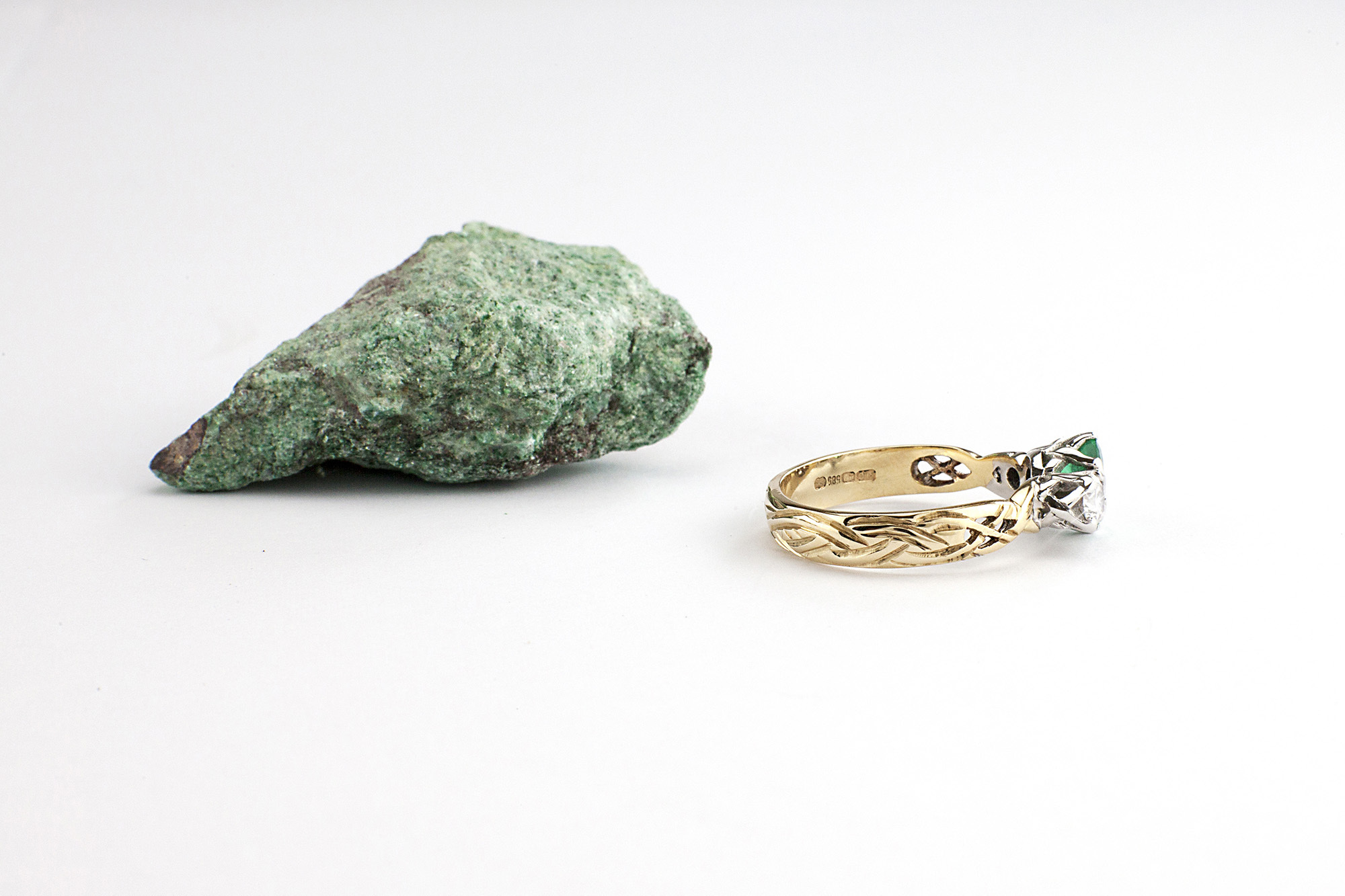 14k Emerald Diamond Celtic Engraved Engagement Ring Side Profile